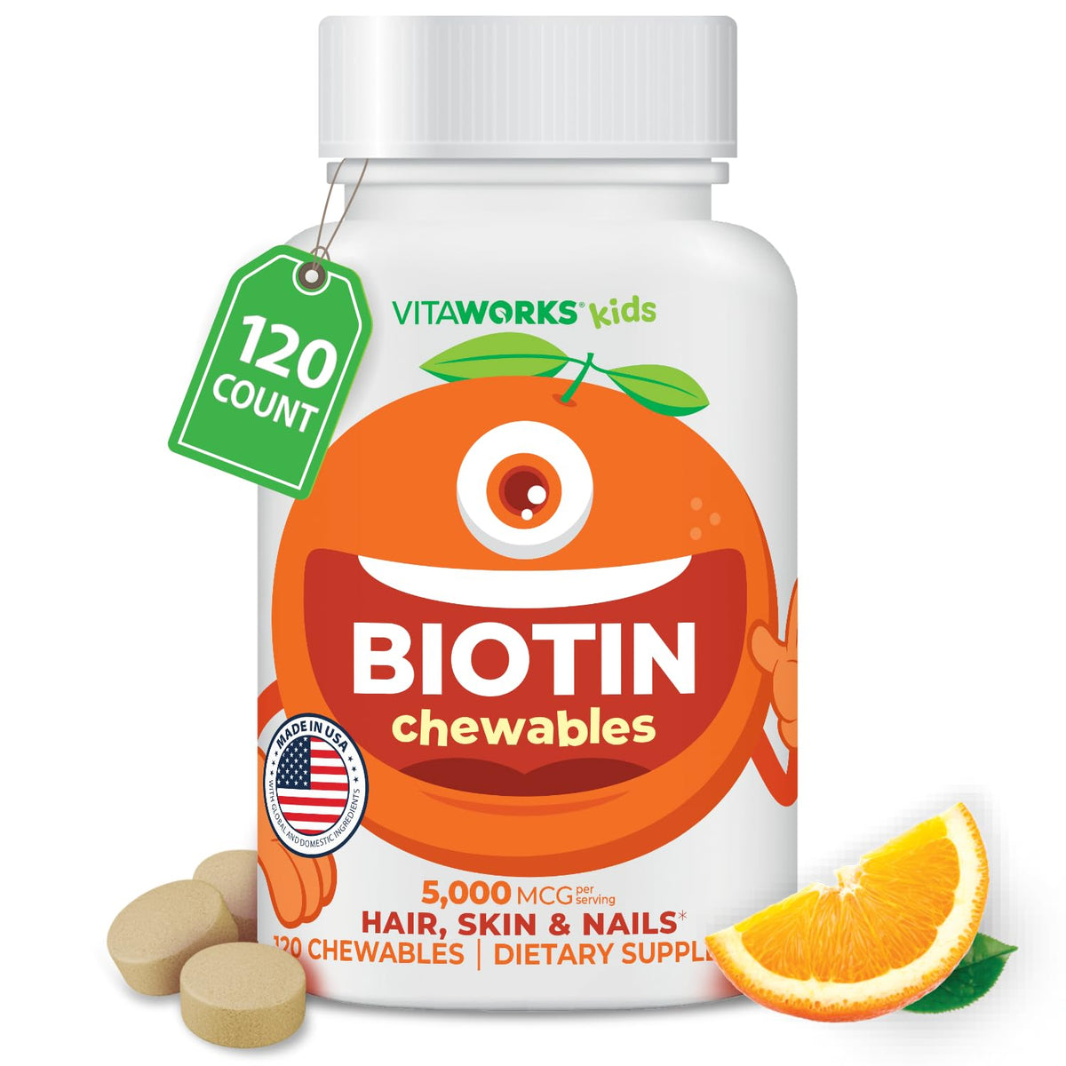 VitaWorks Biotina para niños, botella visible, refuerza cabello y uñas.
