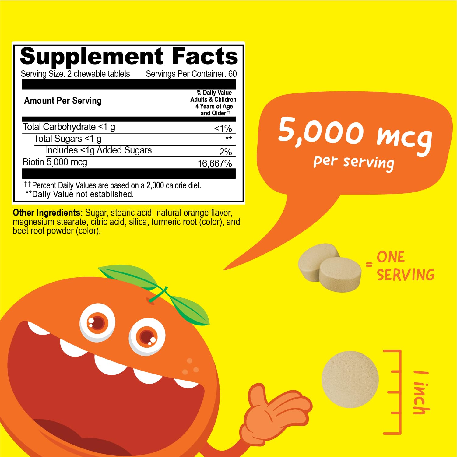 Tabletas masticables VitaWorks biotina para niños, sabor naranja y fáciles de masticar.