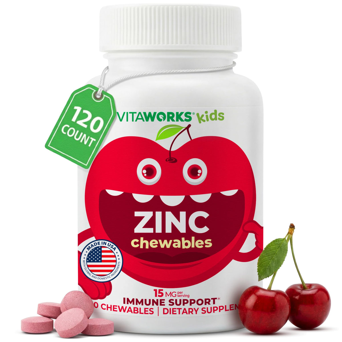 VitaWorks Kids Zinc 15 mg, botella frontal, posible apoyo a defensas saludables
