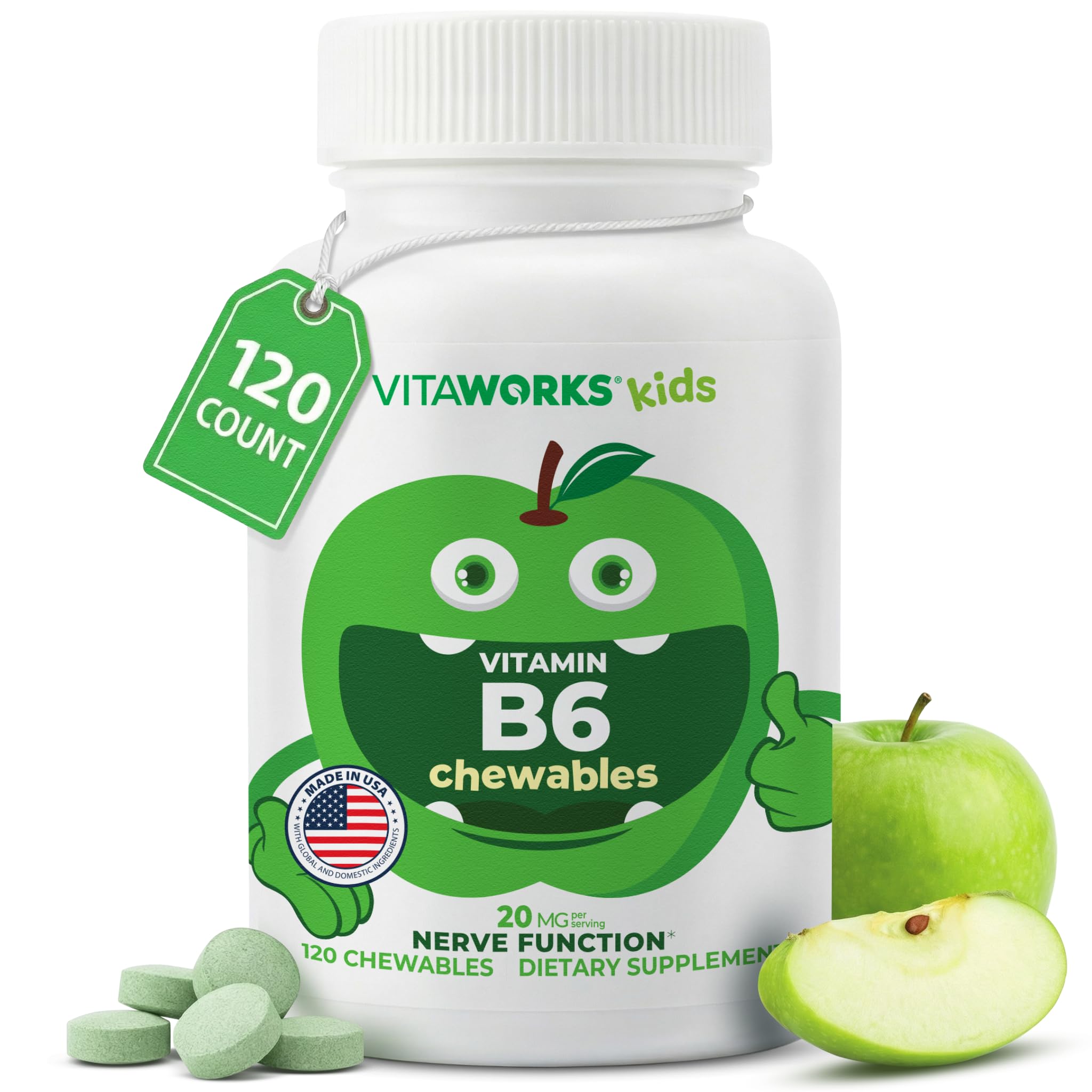 VitaWorks para niños, tabletas masticables de manzana verde, apoyo a la energía diaria.