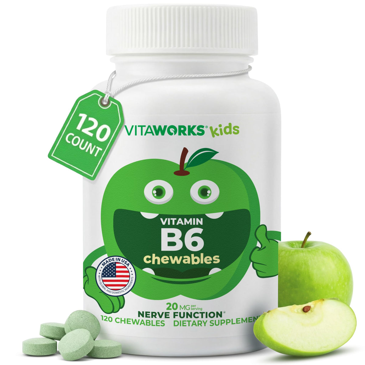 VitaWorks para niños, tabletas masticables de manzana verde, apoyo a la energía diaria.