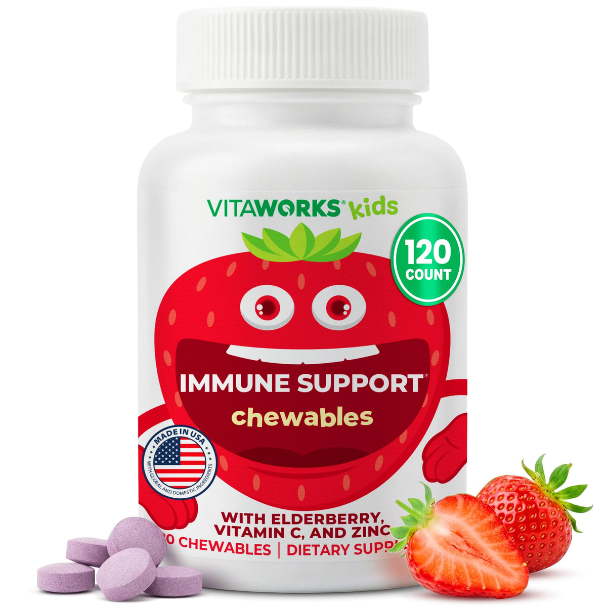 VitaWorks Niños tabletas masticables de frambuesa mezclada para apoyo inmunitario.