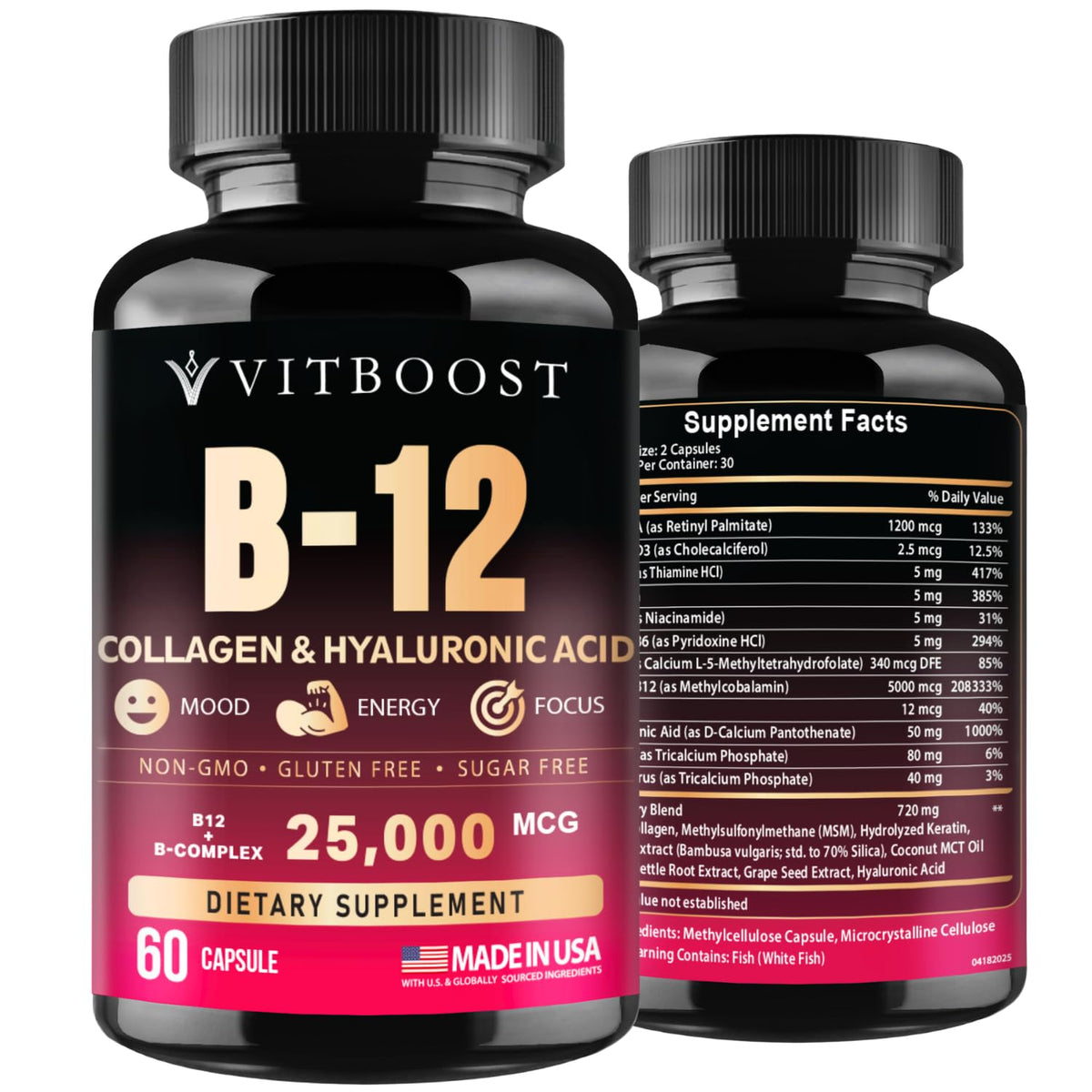VitBOOST B12 con acido hialuronico y colágeno para elasticidad de la piel