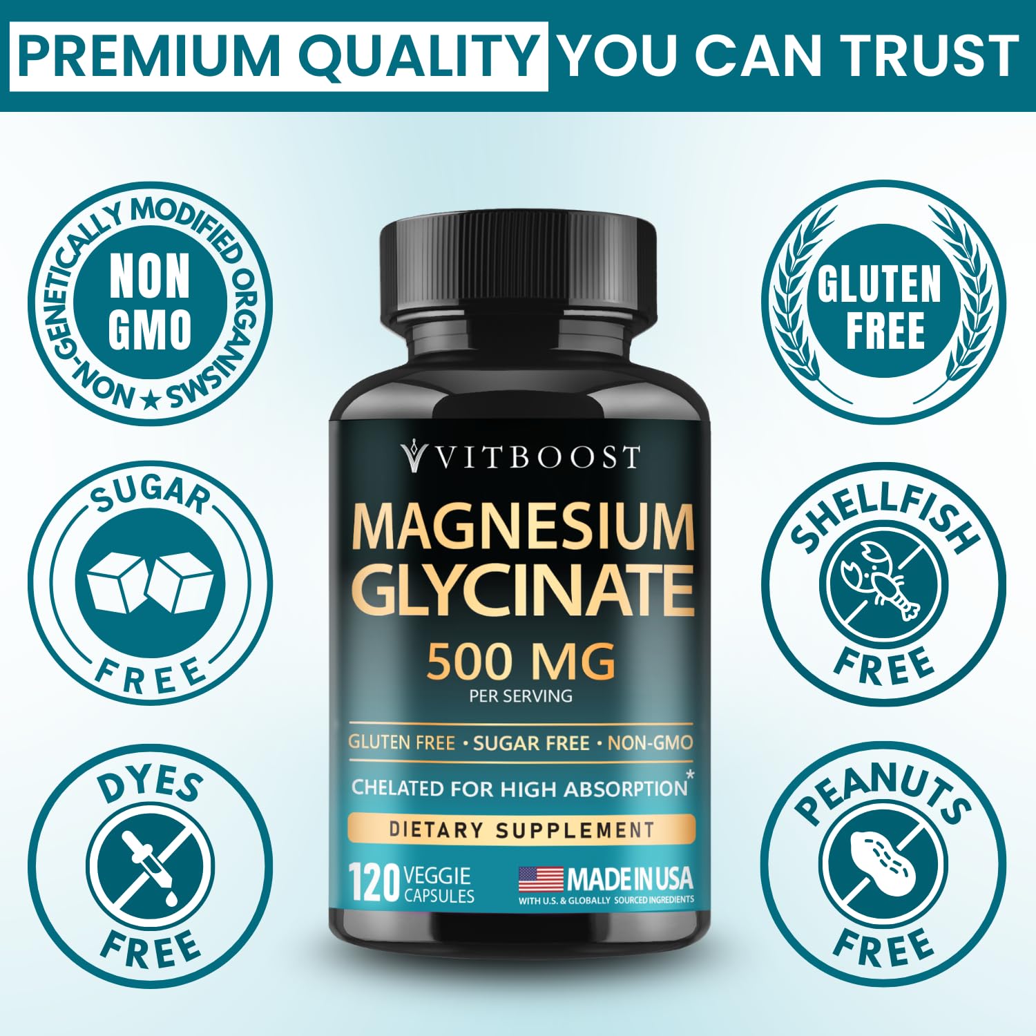 VitBOOST Magnesio Glicinato 500 mg - envase frente: formato práctico para consumo diario.