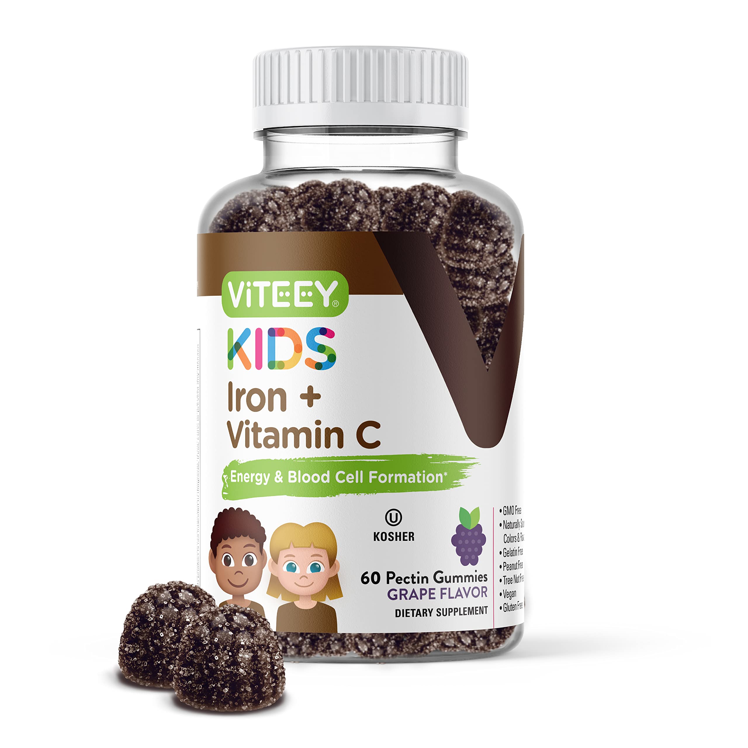 Gominas Viteey de hierro para niños con sabor a uva, apoyo diario de energía