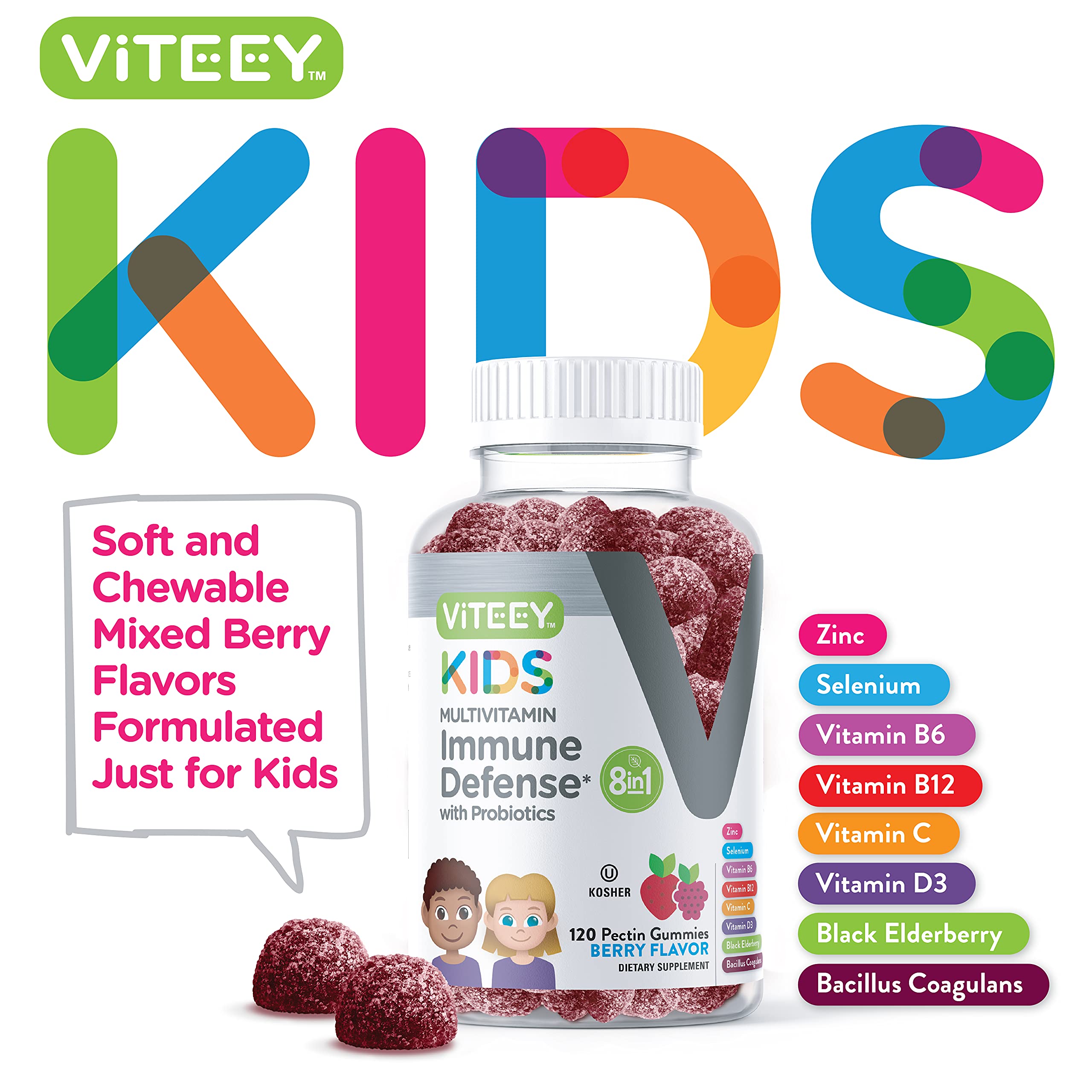 Viteey gomitas para niños, sabor frambuesa, apoyo diario de nutrición