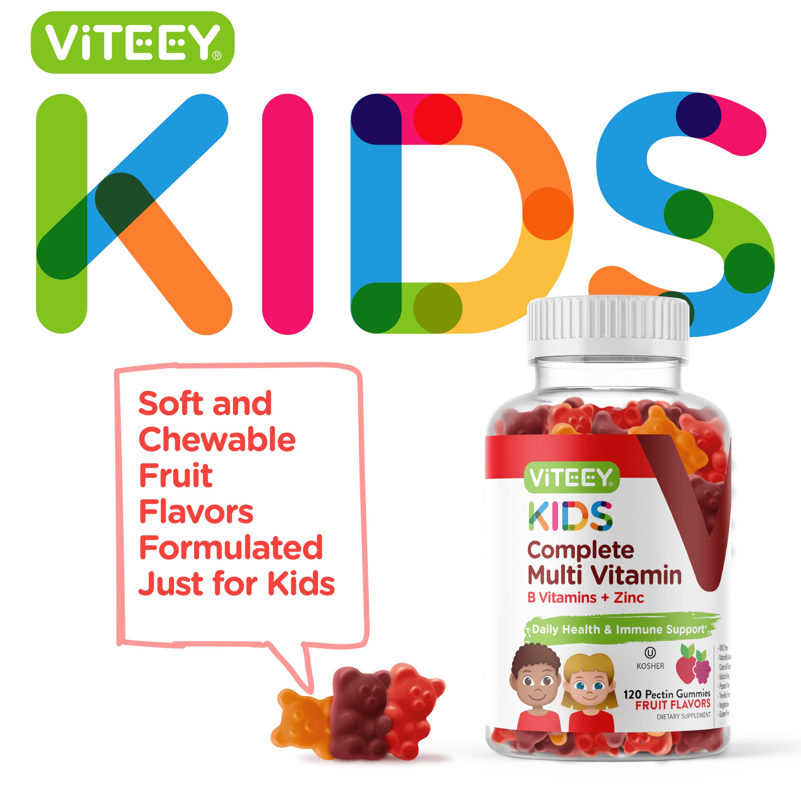 Viteey Kids gomitas multivitamínicas con sabor a fruta para niños activos.