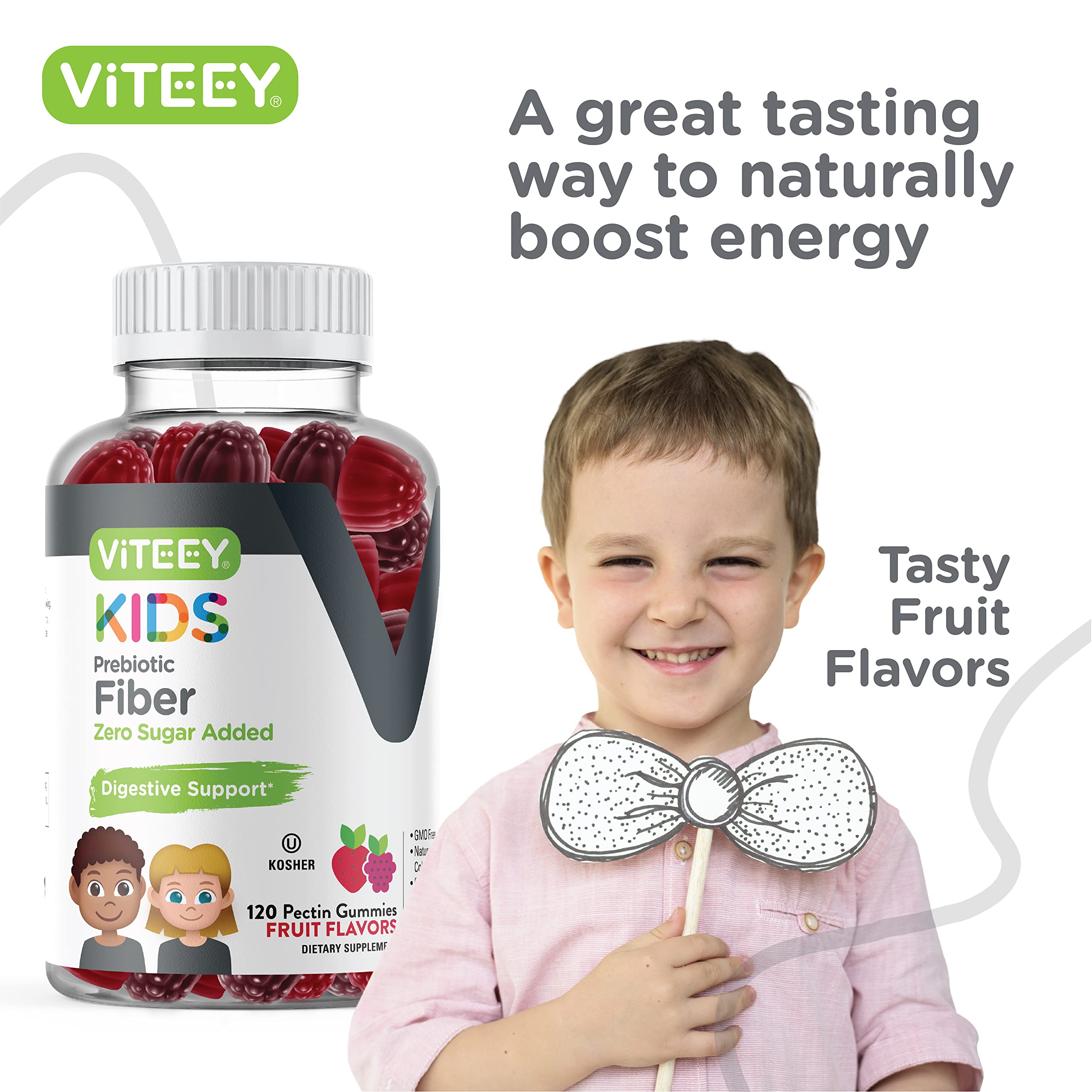 Niño tomando una gomita Viteey, snack práctico.
