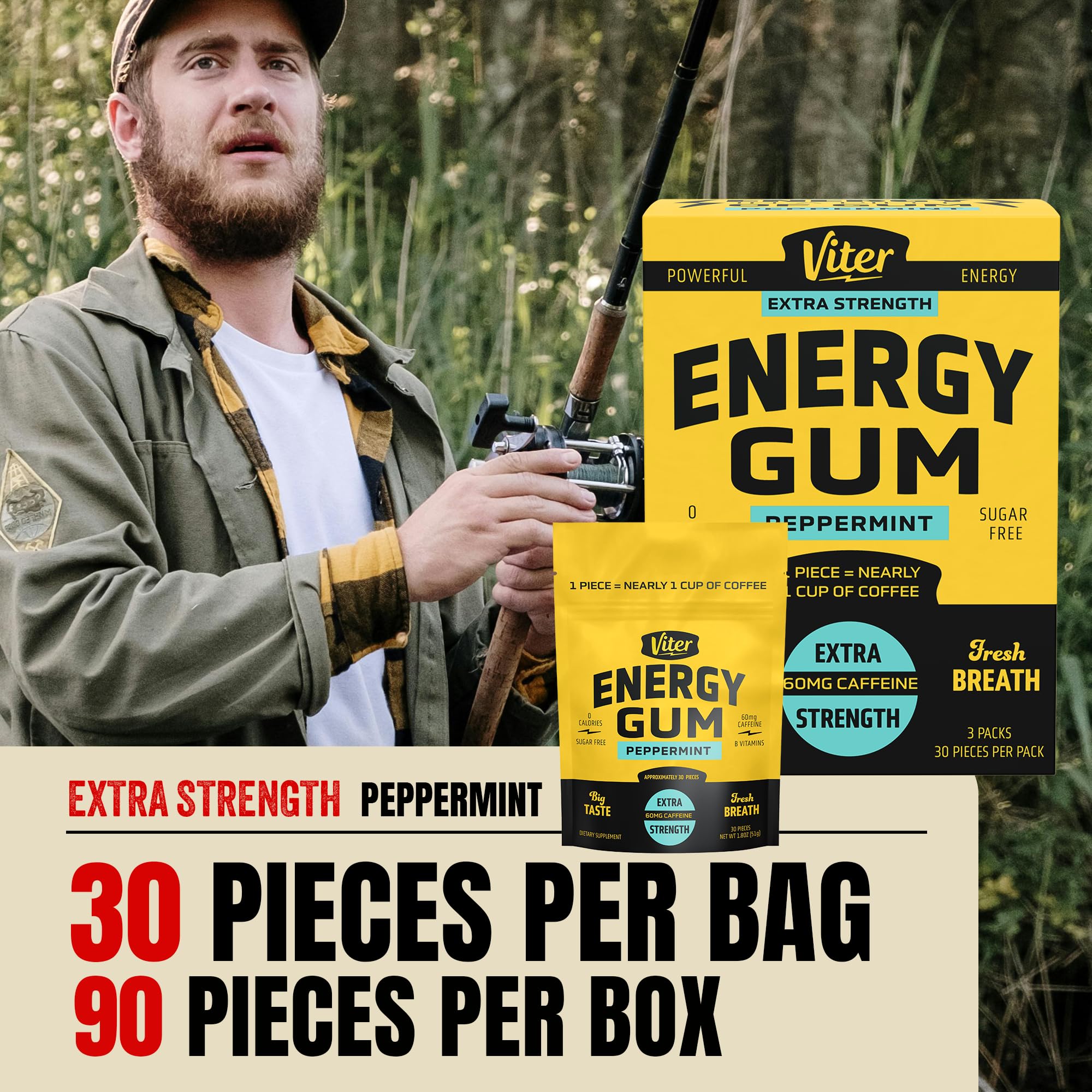 Bolsa con cierre reutilizable para llevar chicles Viter Energy sin derrames.