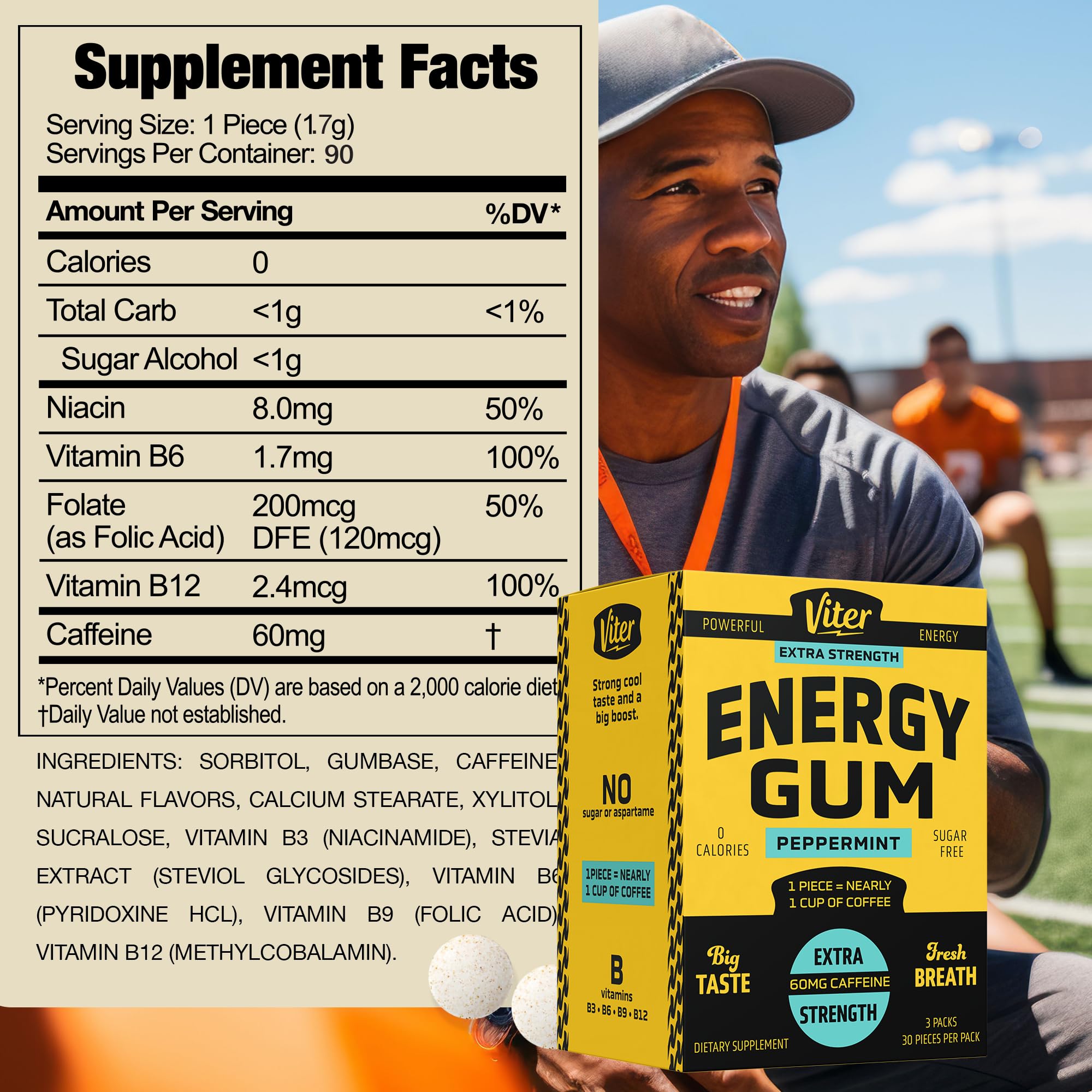Viter Energy sabor mentolado intenso, refresco bucal y estímulo suave.
