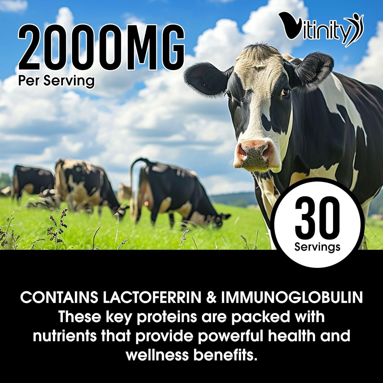 VITINITY: close-up de nutrientes clave del colostro, botella con etiqueta.