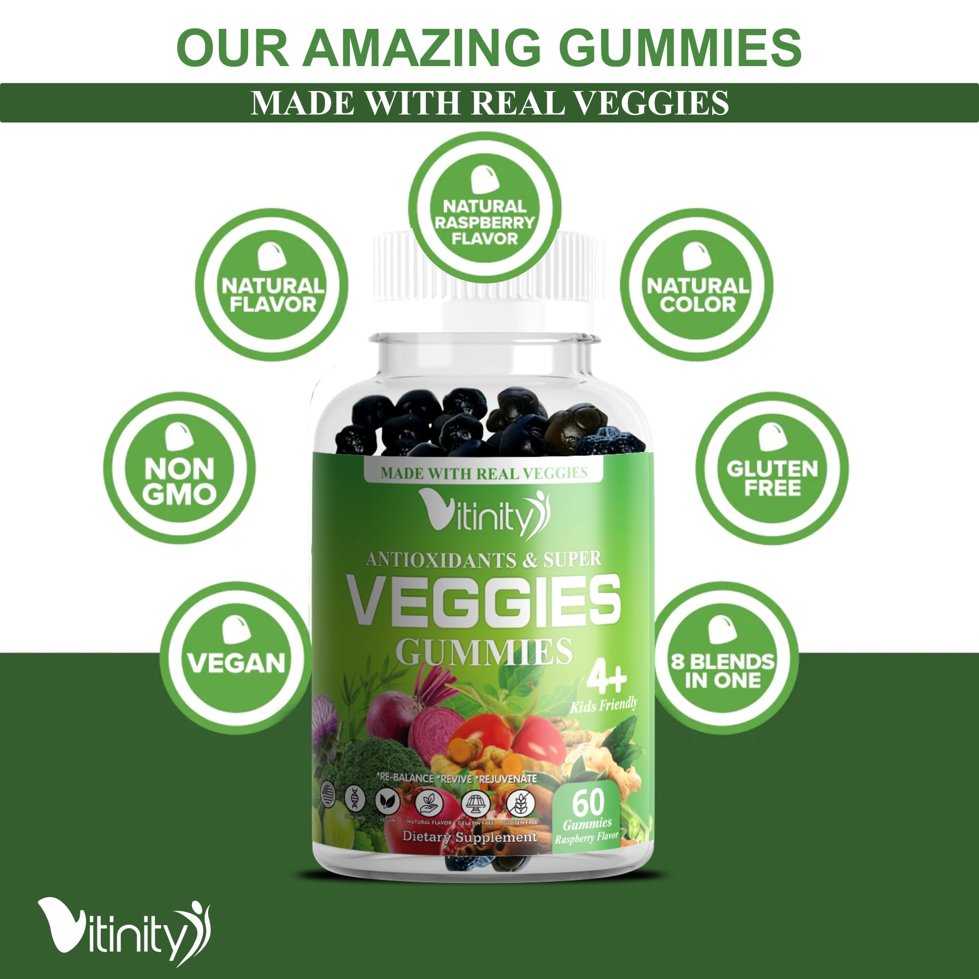 Vitinity Supergreens gominolas: bote abierto mostrando porciones listas para llevar.