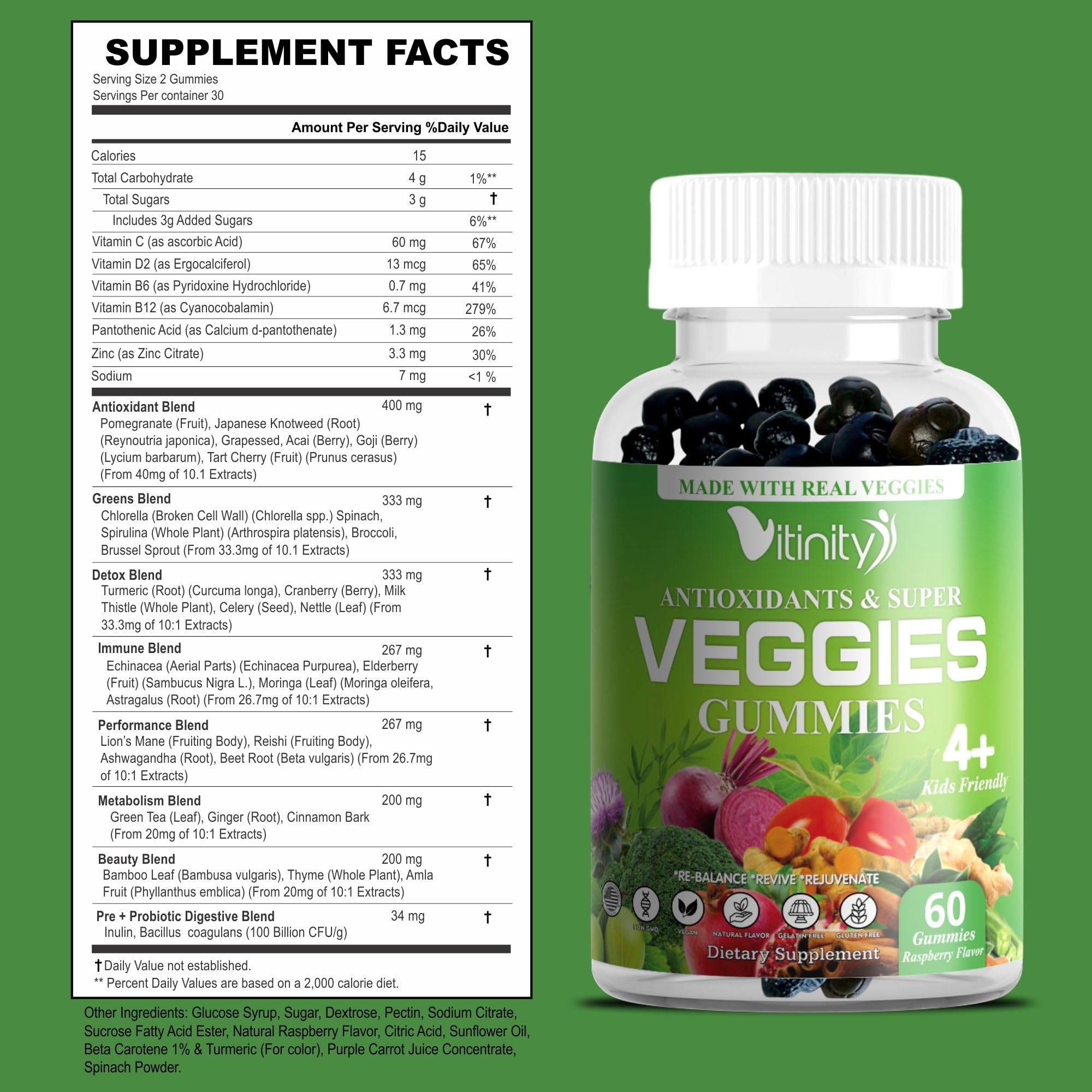 Vitinity Supergreens gominolas: etiqueta detalle muestra información nutricional y antioxidantes.