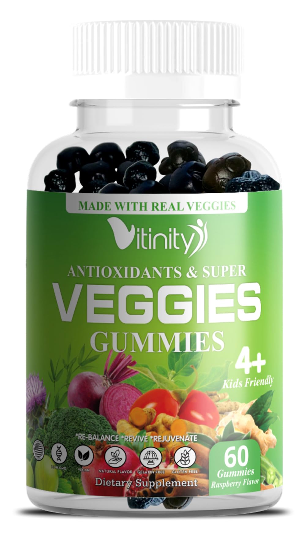 Vitinity Supergreens gominolas: paquete frontal para energía diaria.