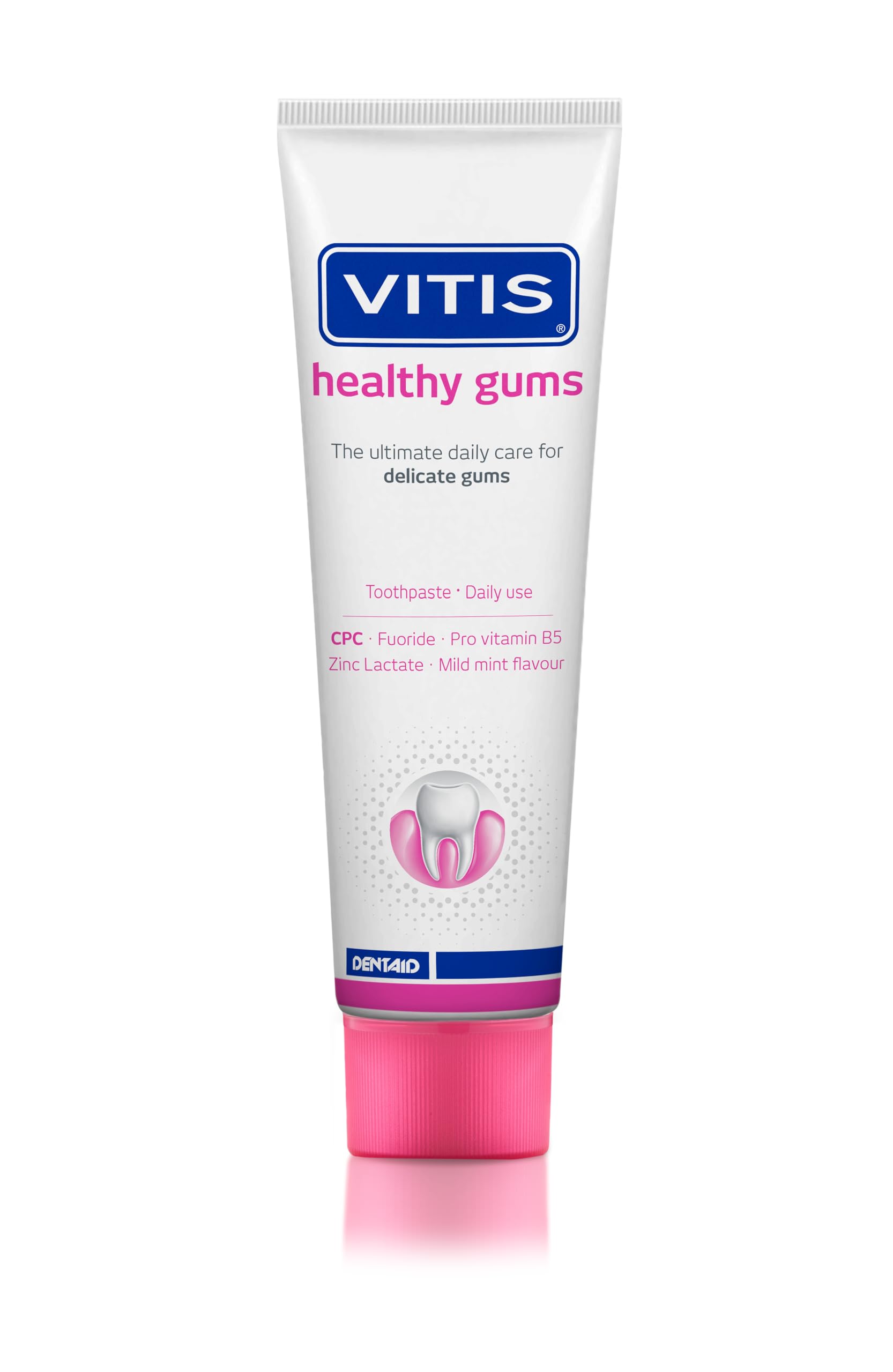 Pasta Vitis Gums en envase, limpieza diaria y frescura bucal.