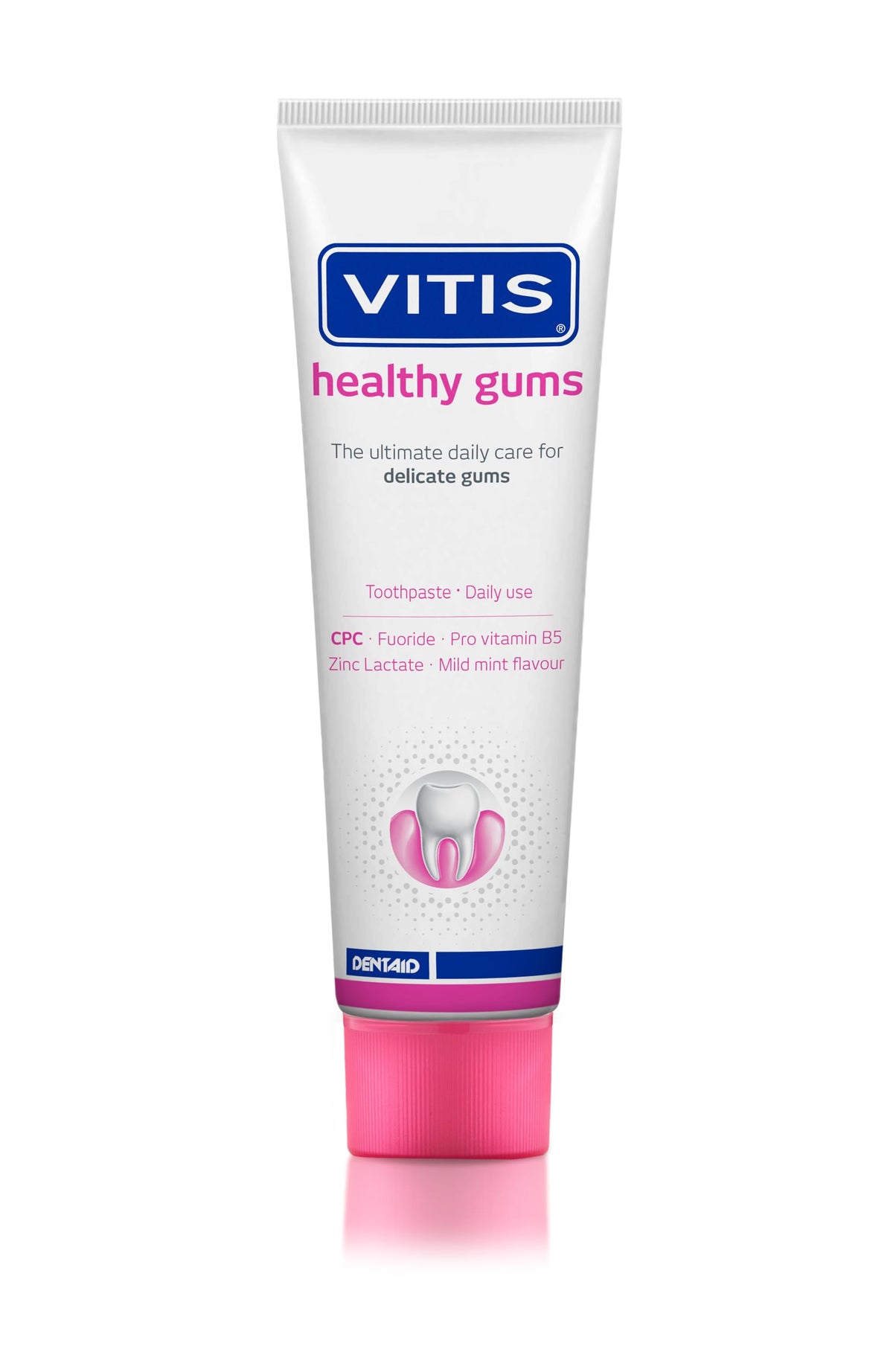 Pasta Vitis Gums en envase, limpieza diaria y frescura bucal.