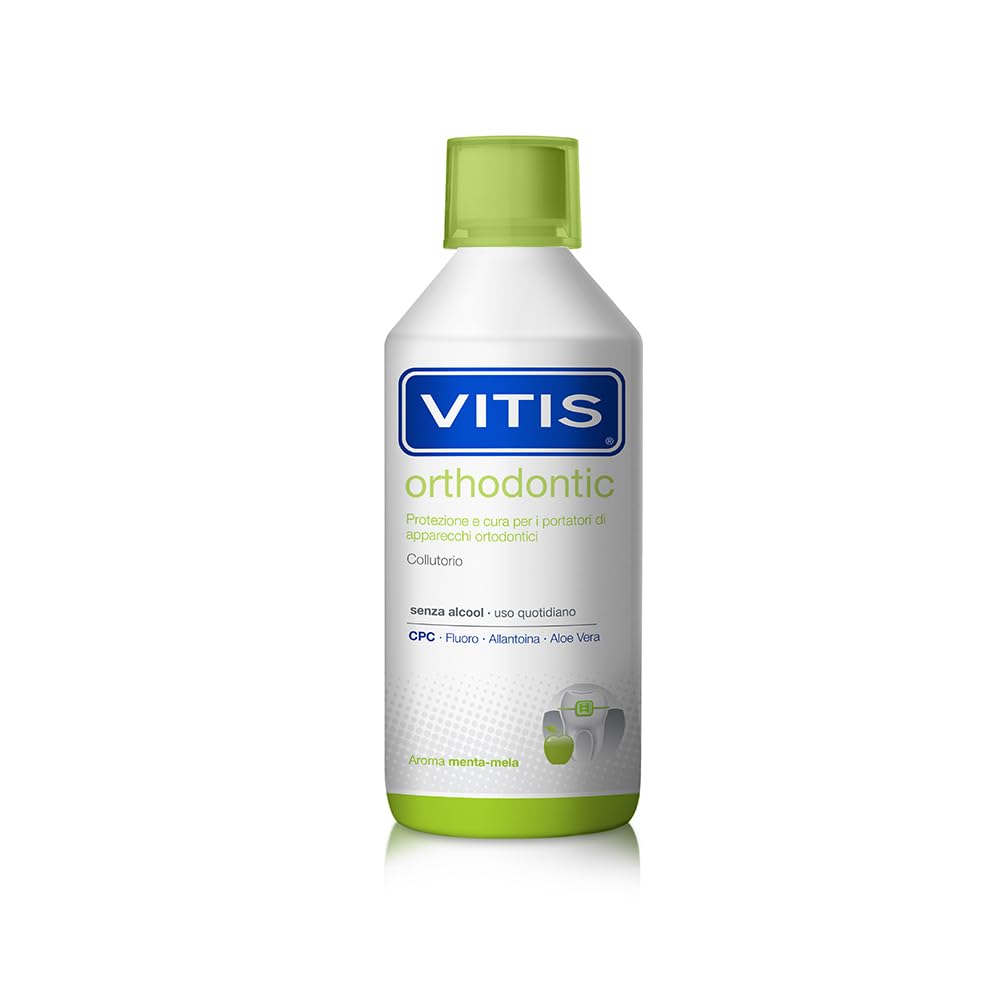 Vitis Ortho Collutorio botella de 500 ml para enjuague diario y frescura duradera.