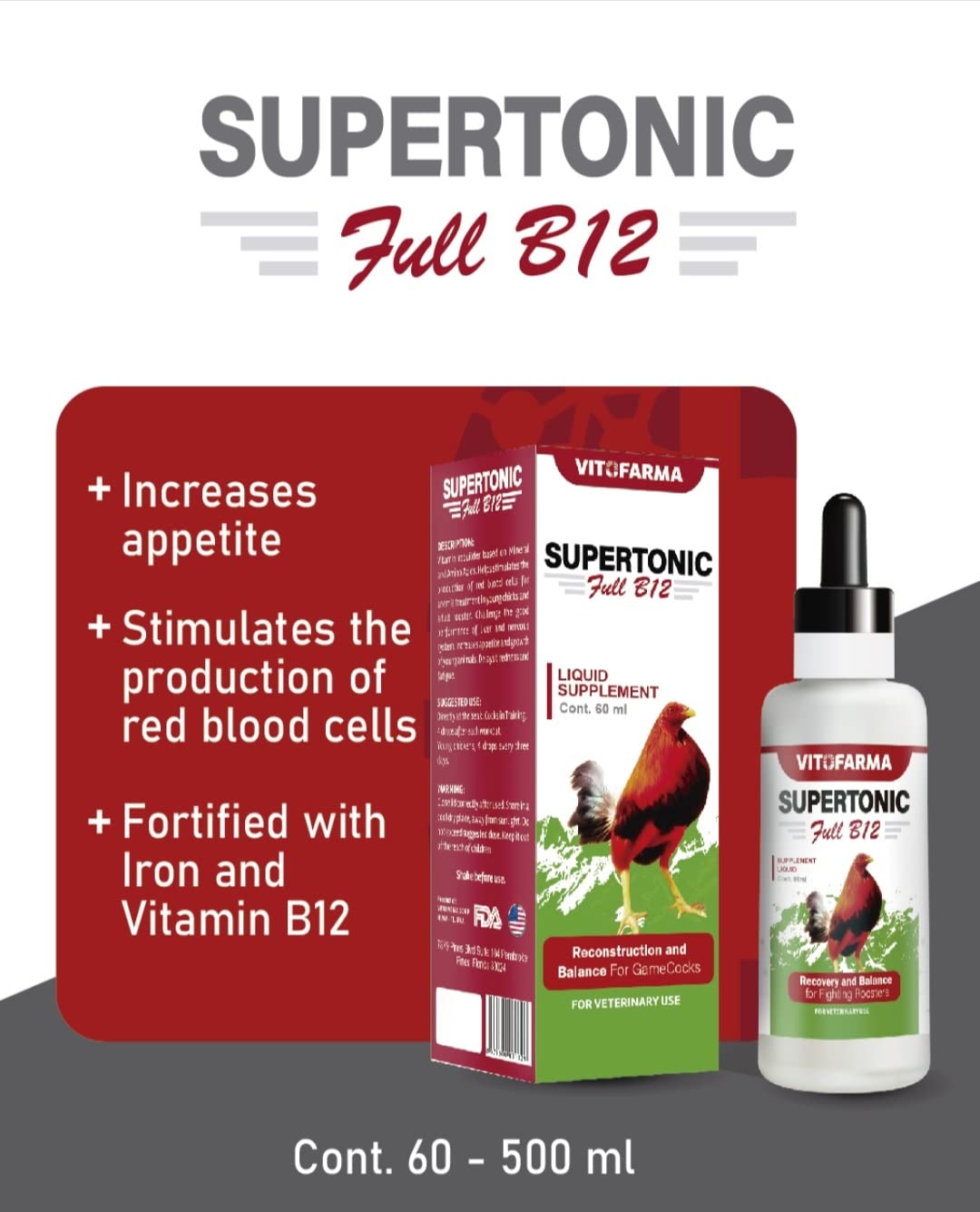 VITOFARMA B12 para gallos, favorece el funcionamiento del hígado y nervios.