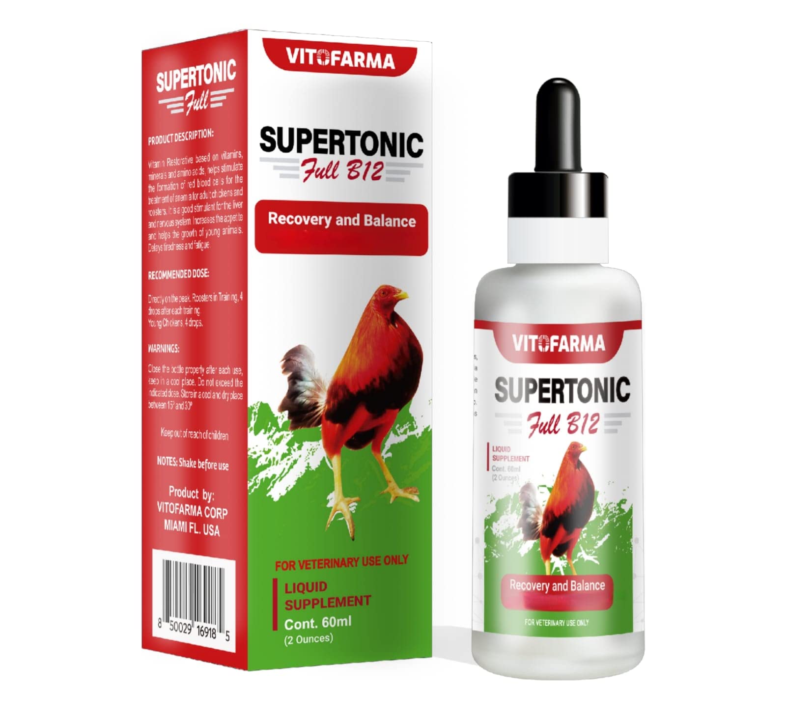 VITOFARMA Supertonic B12 para gallos, botella de 60 ml, mejora rendimiento.