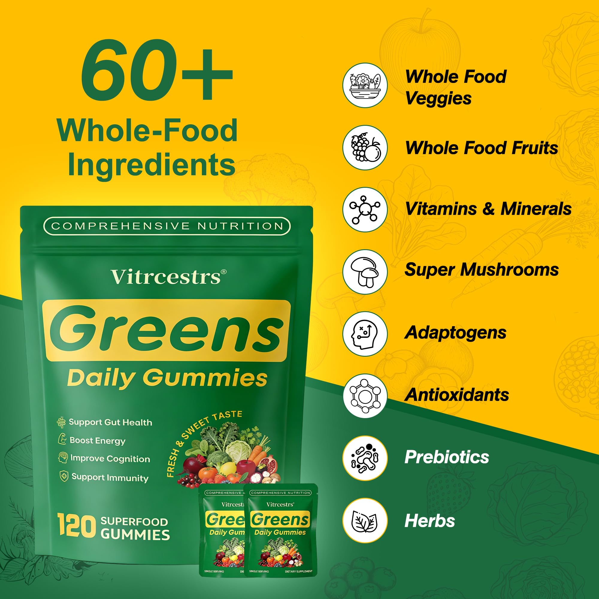 Gomitas Vitrcestrs Greens Daily con spirulina y chlorella para energía.