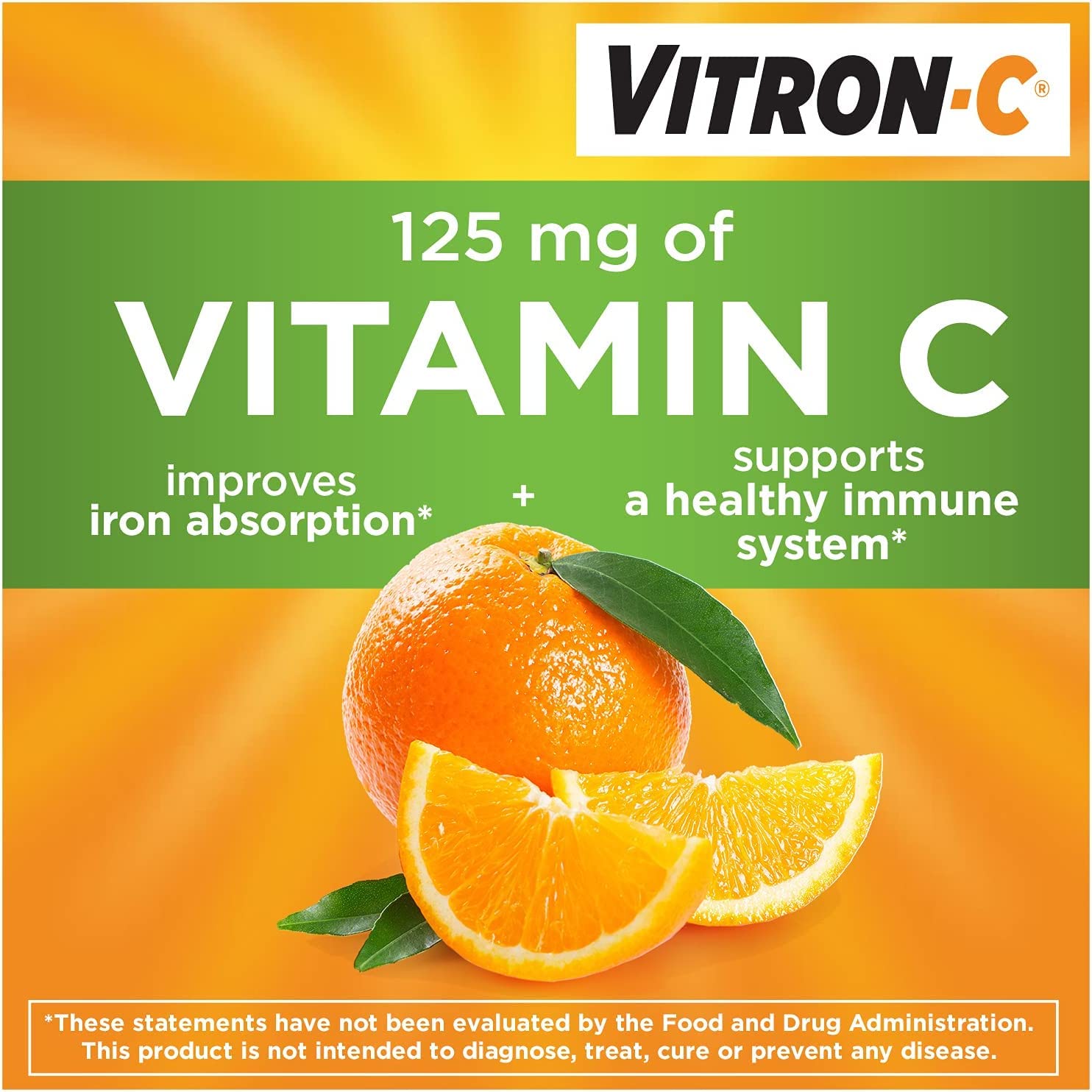 Vitron-C etiqueta con vitamina C para apoyo inmunológico.