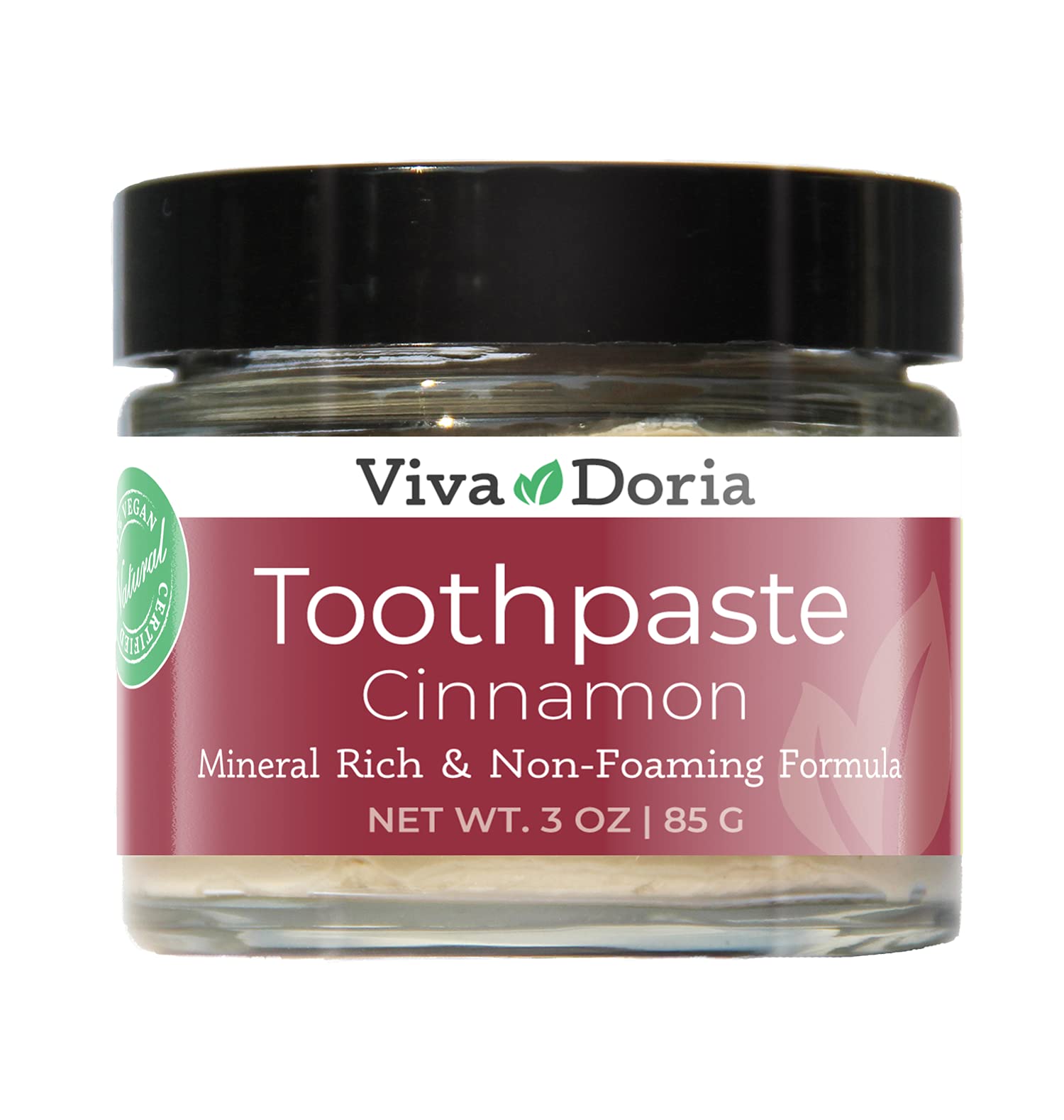 Pasta dental Viva Doria sin fluoruro con canela en frasco de vidrio para uso diario.