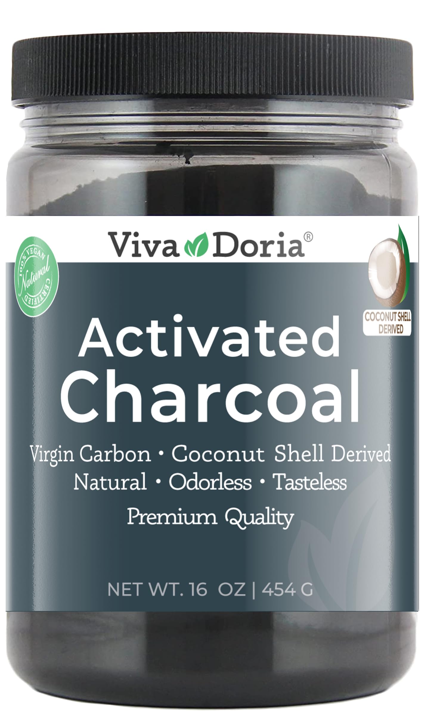 Viva Doria polvo de carbón activado virgen de coco en frasco, ideal para uso diario.