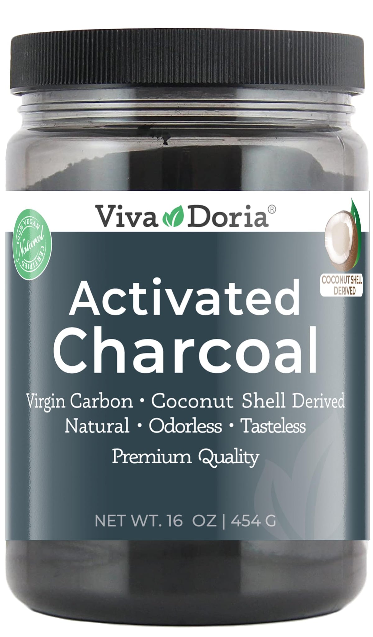 Viva Doria polvo de carbón activado virgen de coco en frasco, ideal para uso diario.