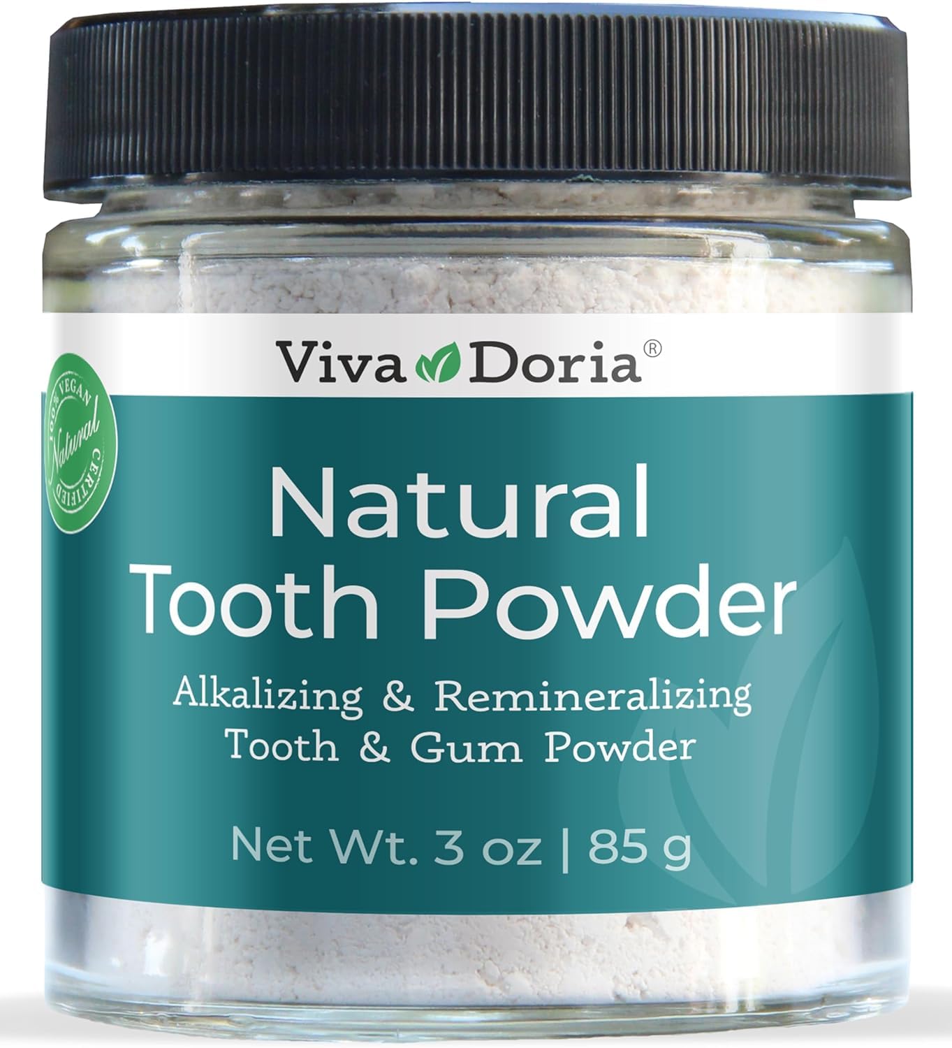 Viva Doria polvo dental natural para limpieza suave y aliento fresco.
