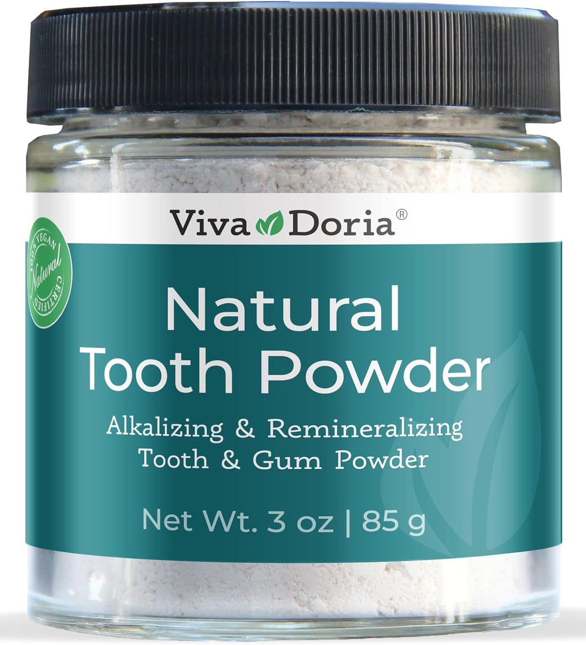 Viva Doria polvo dental natural para limpieza suave y aliento fresco.
