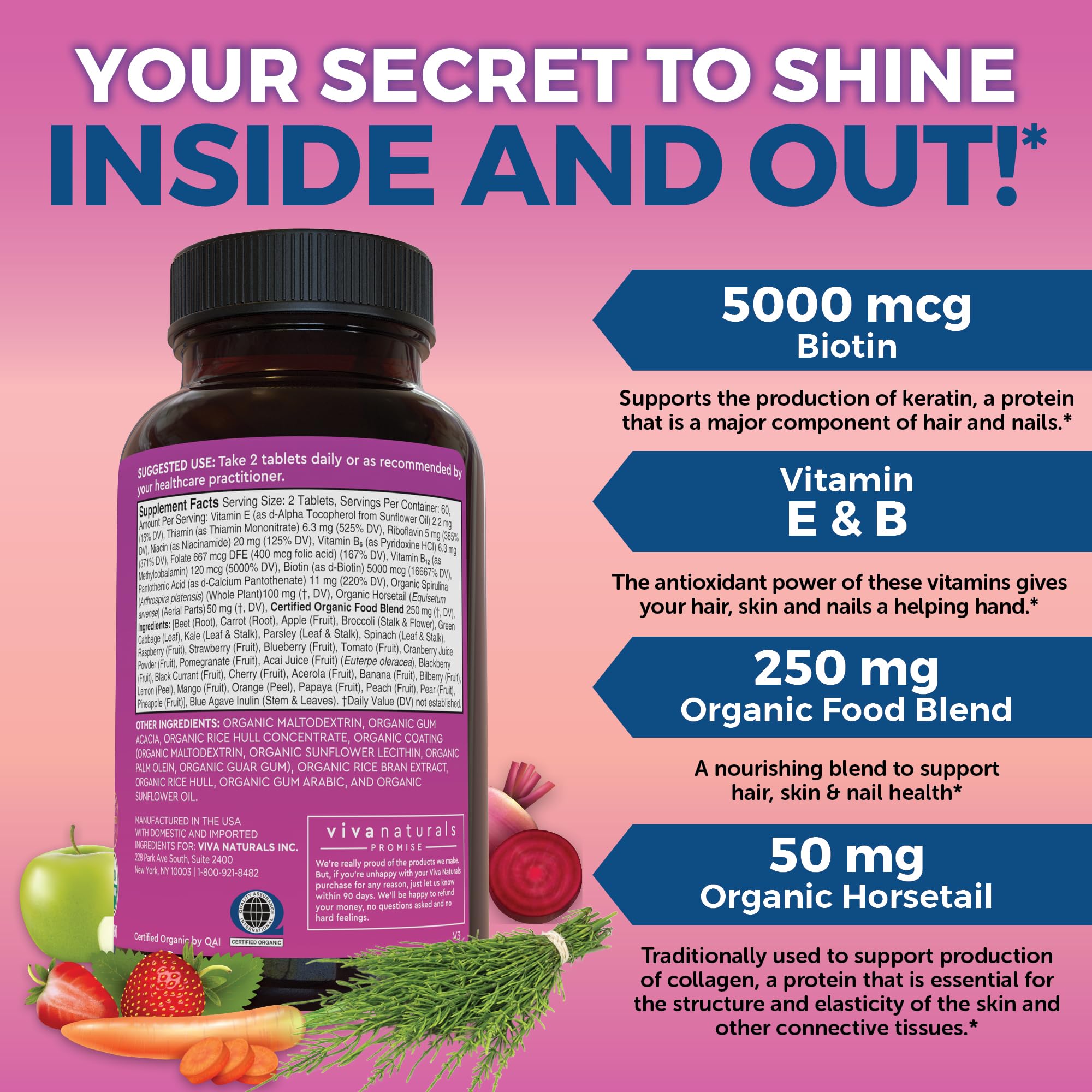 Viva Naturals Biotina 5000mcg cola de caballo ingrediente natural