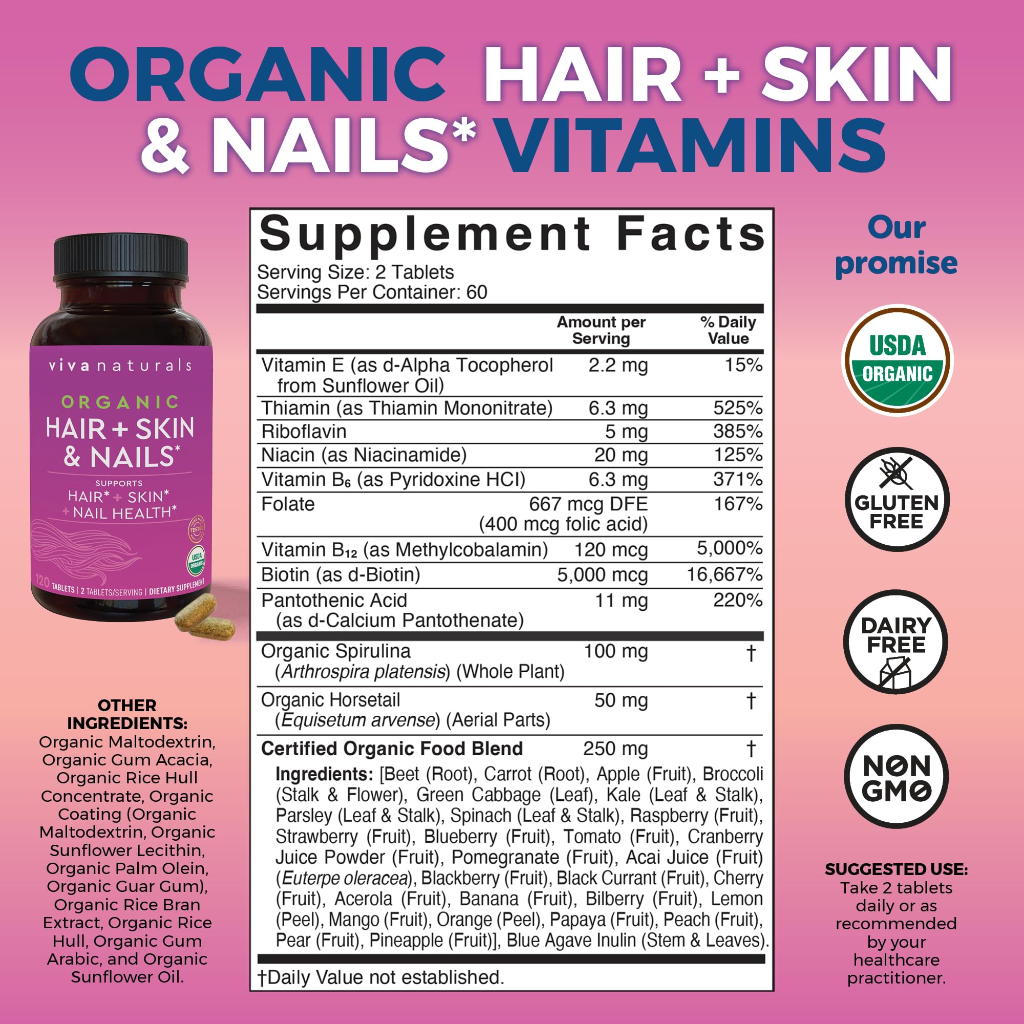 Viva Naturals Biotina 5000mcg etiqueta con certificaciones de orgánico