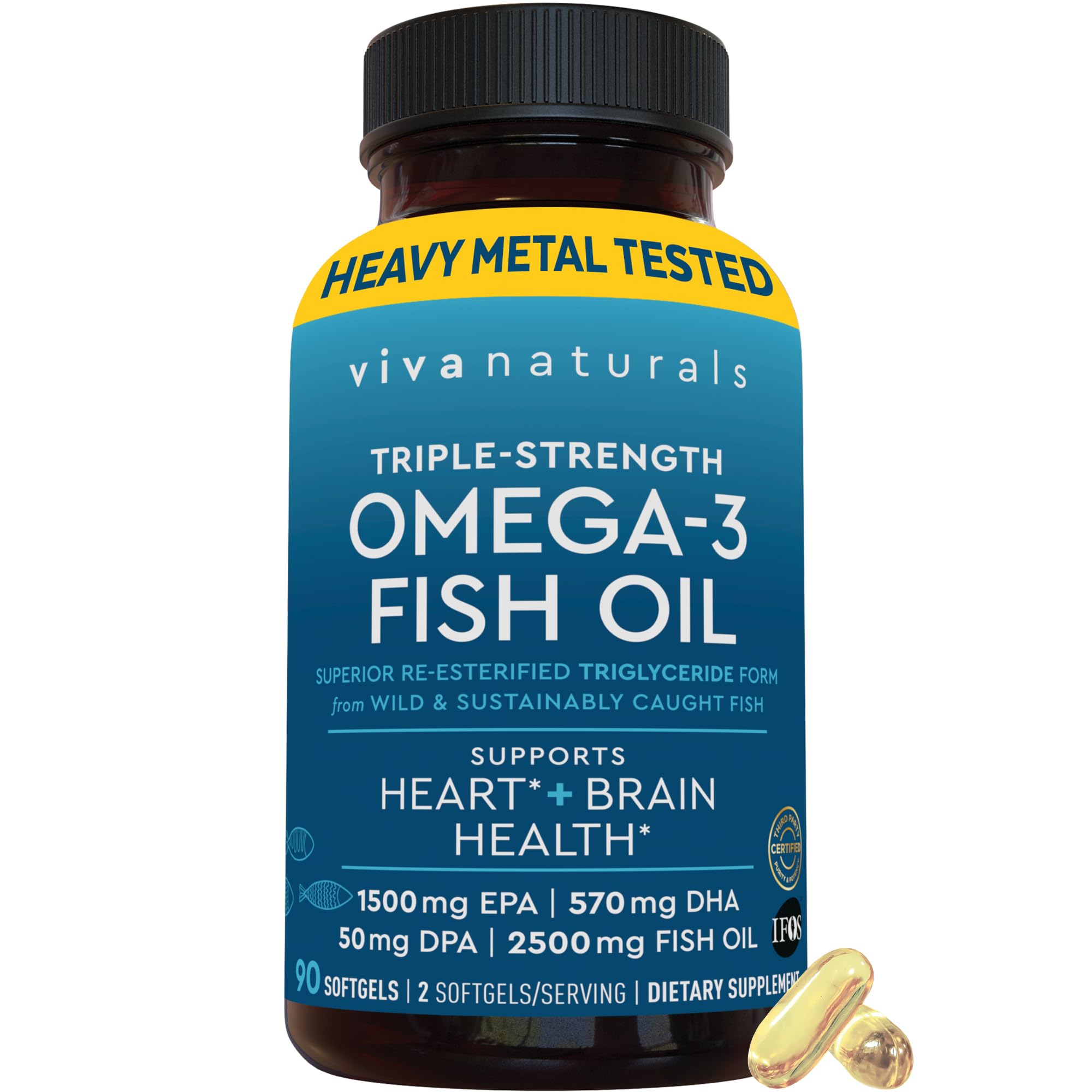 Viva Naturals Omega-3 triple strength en botella para apoyo diario del corazón.