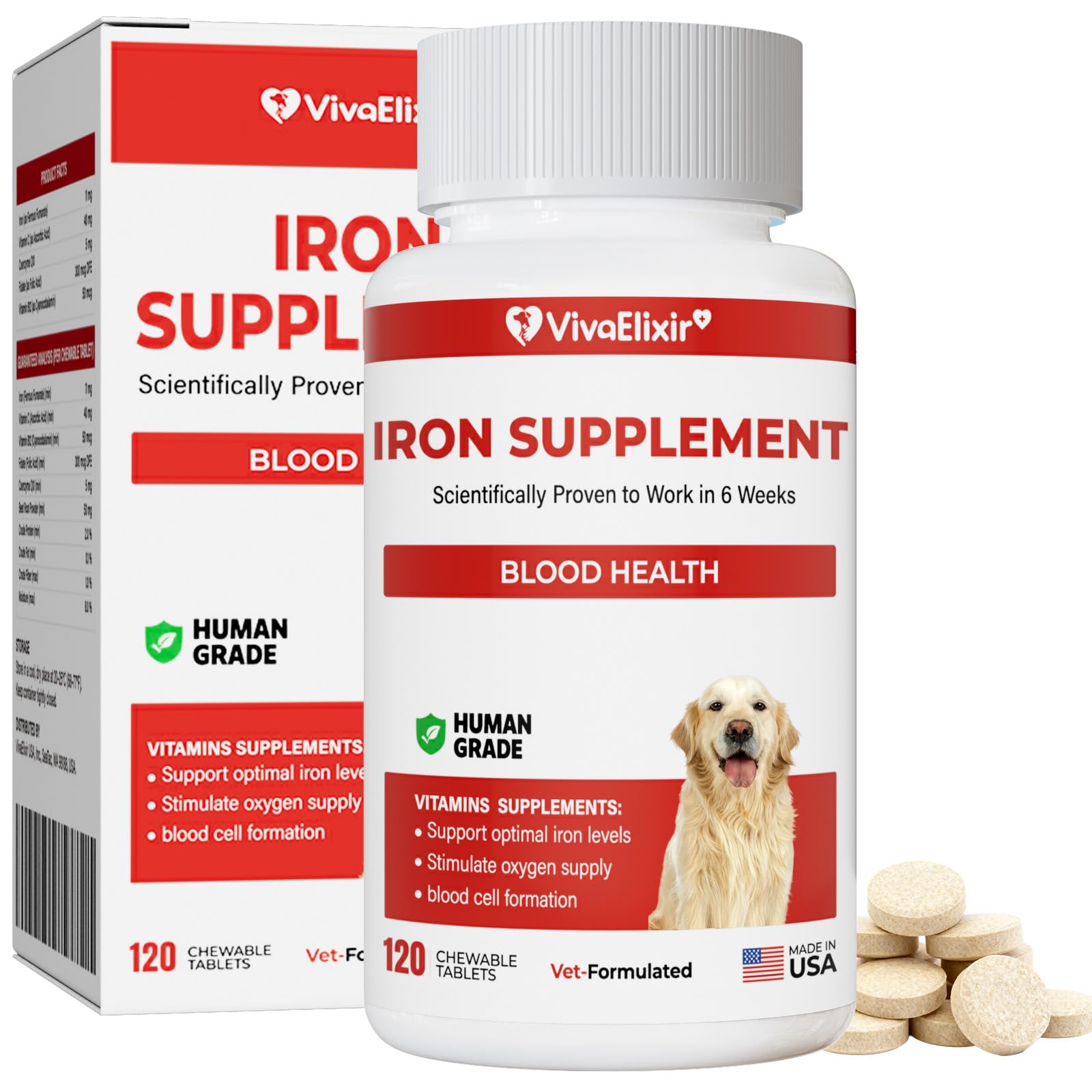 VivaElixir Hierro para perros, botella frente, apoyo potencial a la energía diaria.