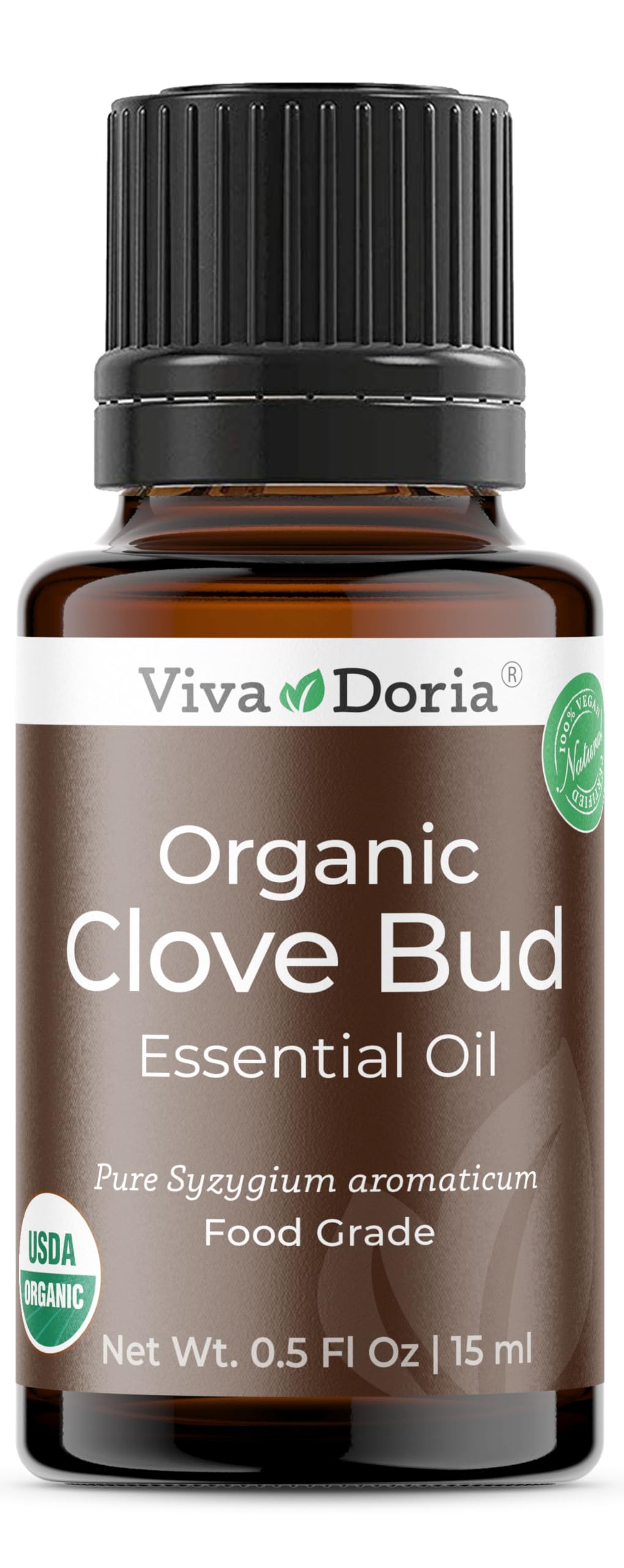Viva Doria aceite de clavo orgánico en frasco ámbar, aroma puro para aromaterapia.