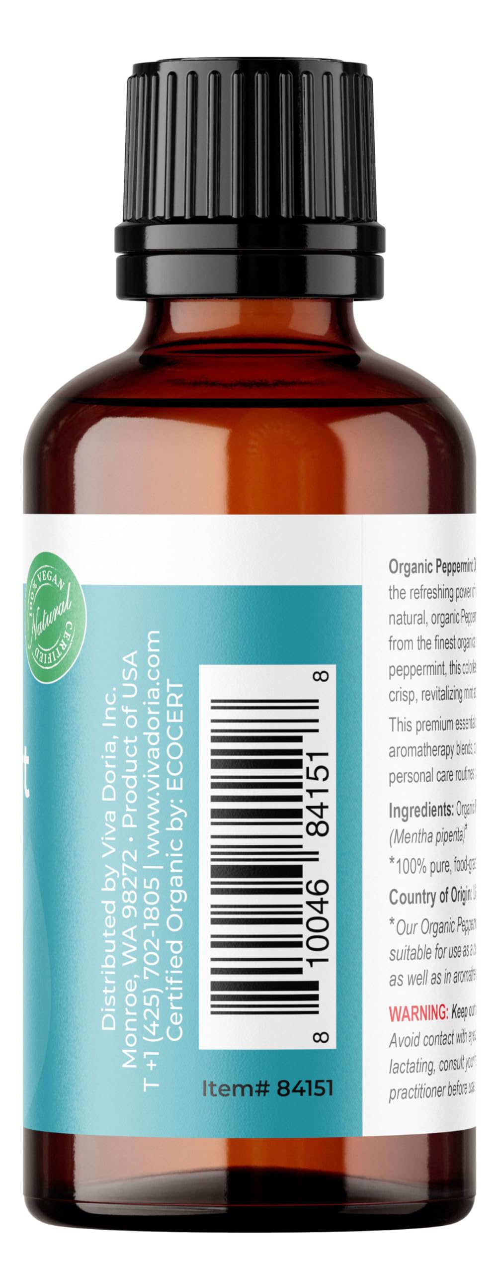 Frasco de vidrio Viva Doria con aceite de menta, preserva pureza y potencia aromática