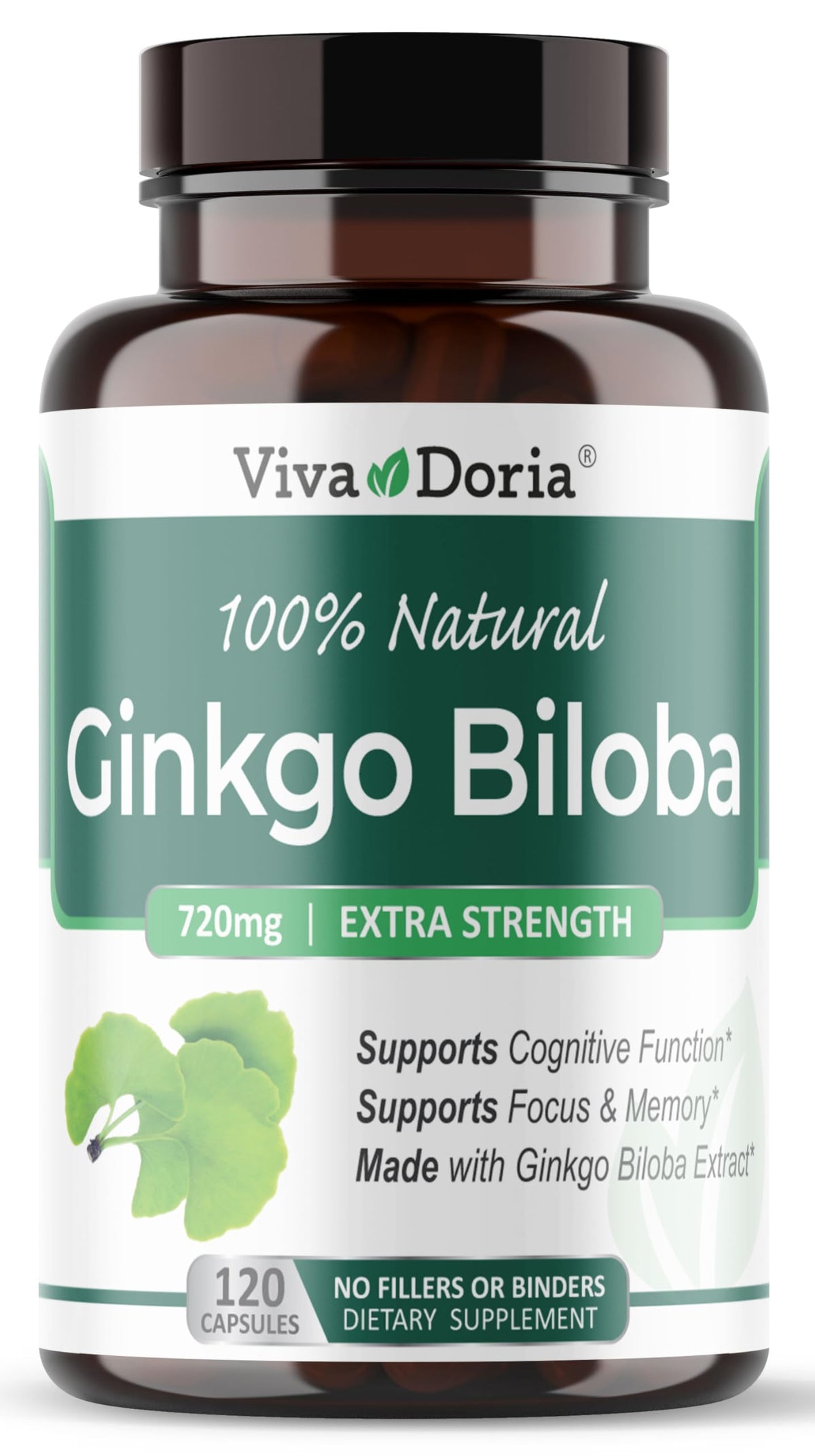 Viva Doria Ginkgo Biloba envase frente, posible apoyo a la concentración diaria.