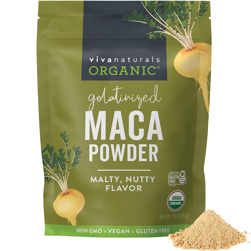 Viva Naturals Maca en polvo peruano, sabor terroso ideal para batidos.