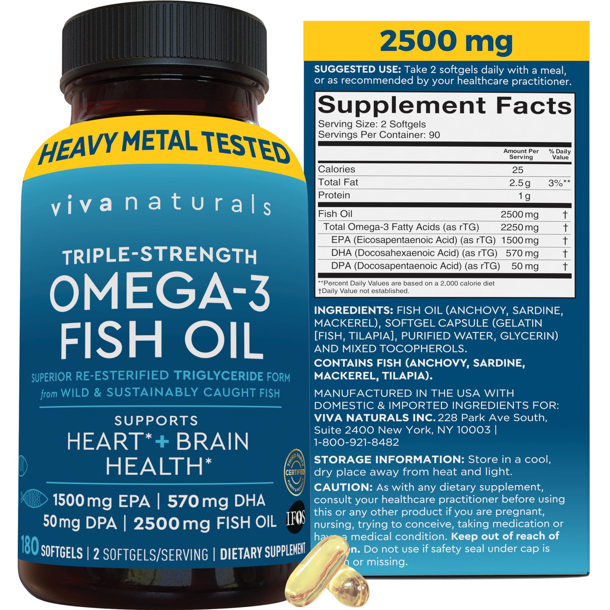 Viva Naturals Omega-3: cápsulas de aceite para apoyo potencial al corazón.