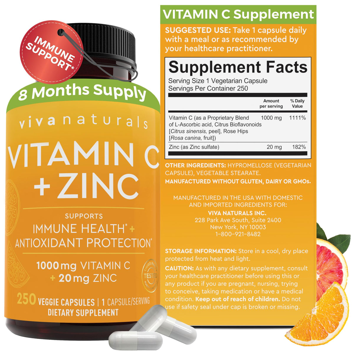 Viva Naturals Vitamina C y Zinc: botella frontal para apoyo diario