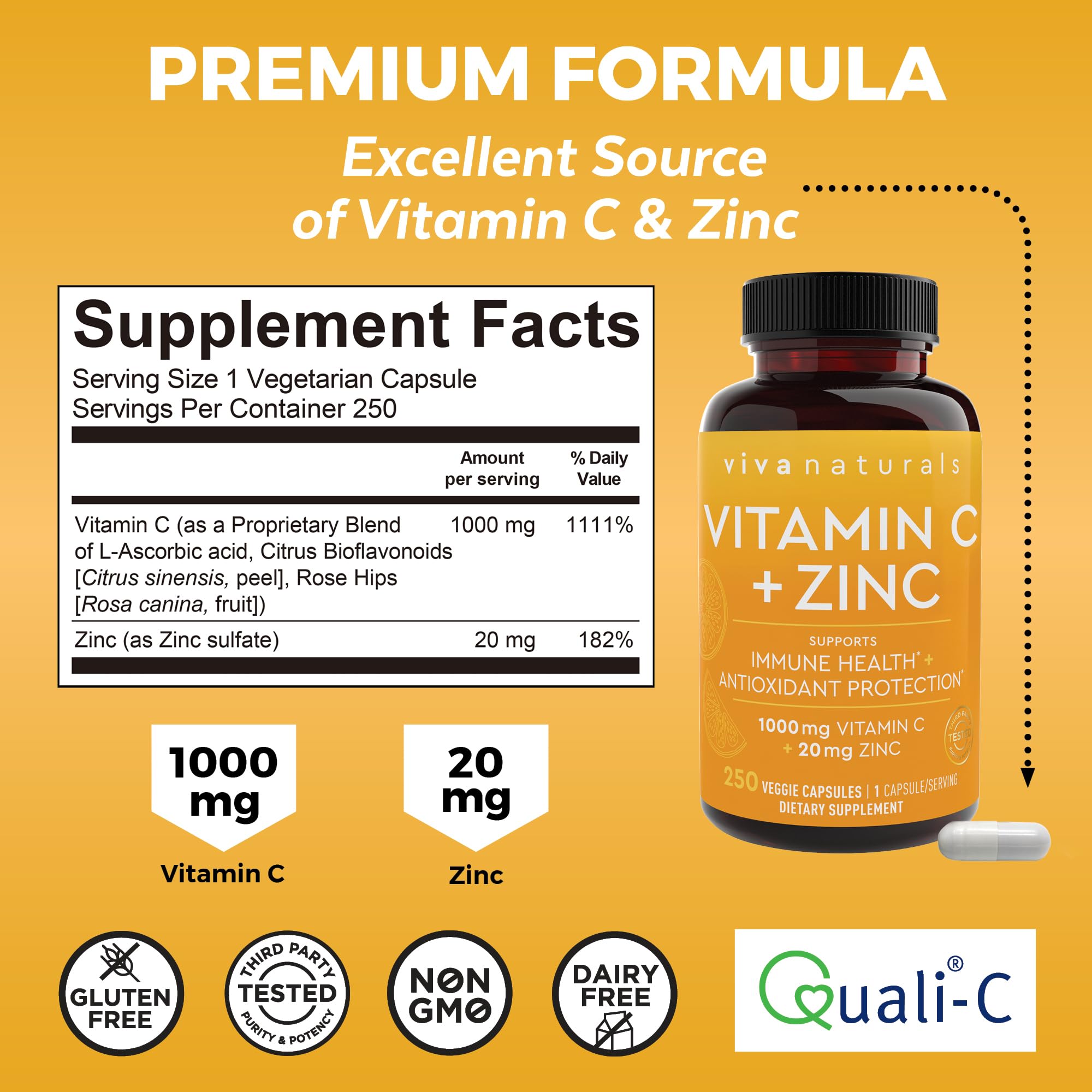 Etiqueta de Viva Naturals destaca la vitamina C 1000 mg y zinc para uso diario