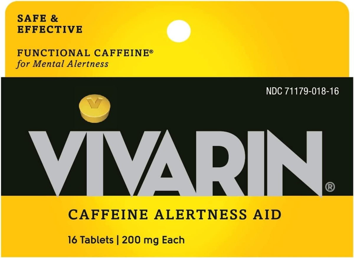 Vivarin: botella de cafeína de 200 mg para energía sostenida.