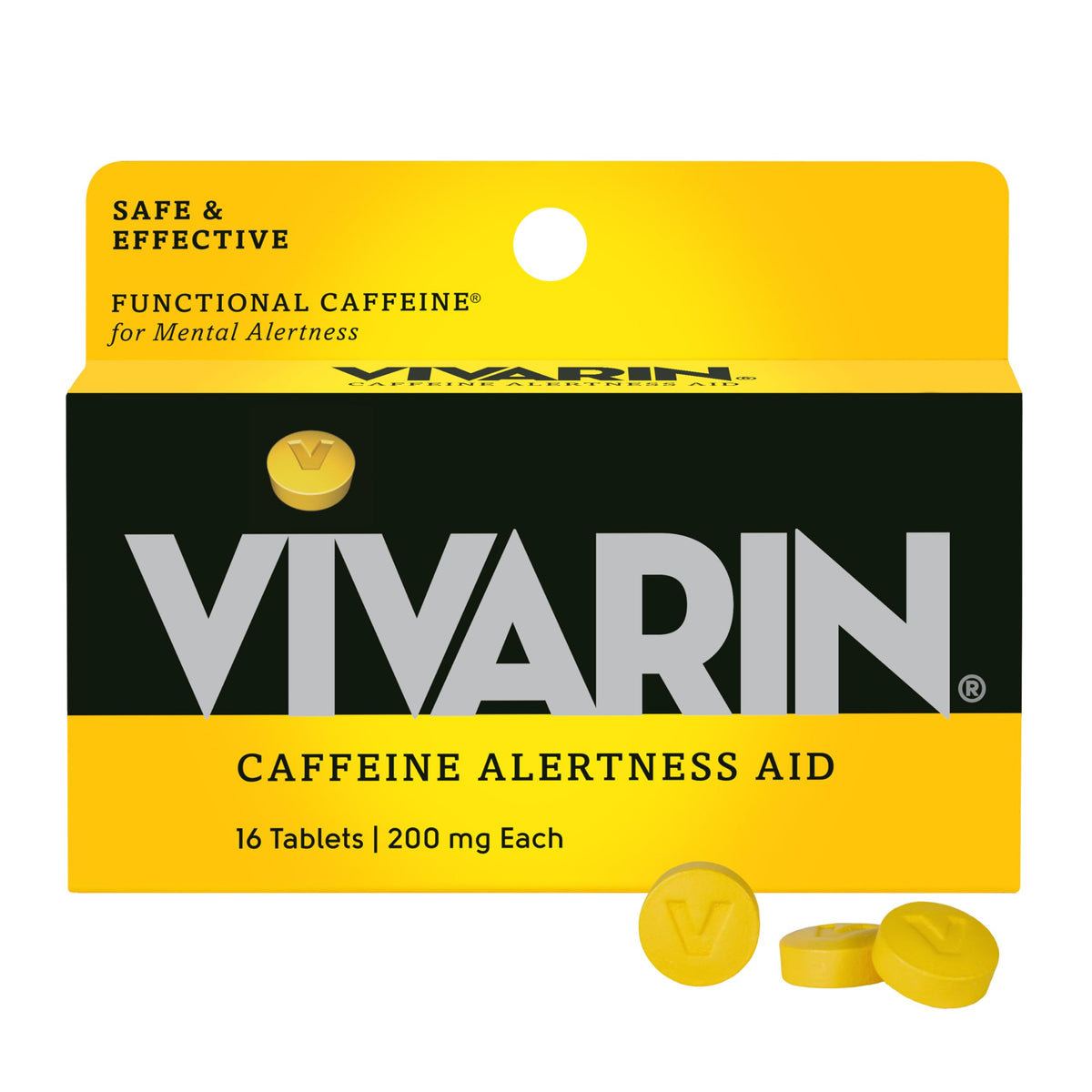 Vivarin botella cafeína 200 mg, impulso mental rápido para mayor claridad.