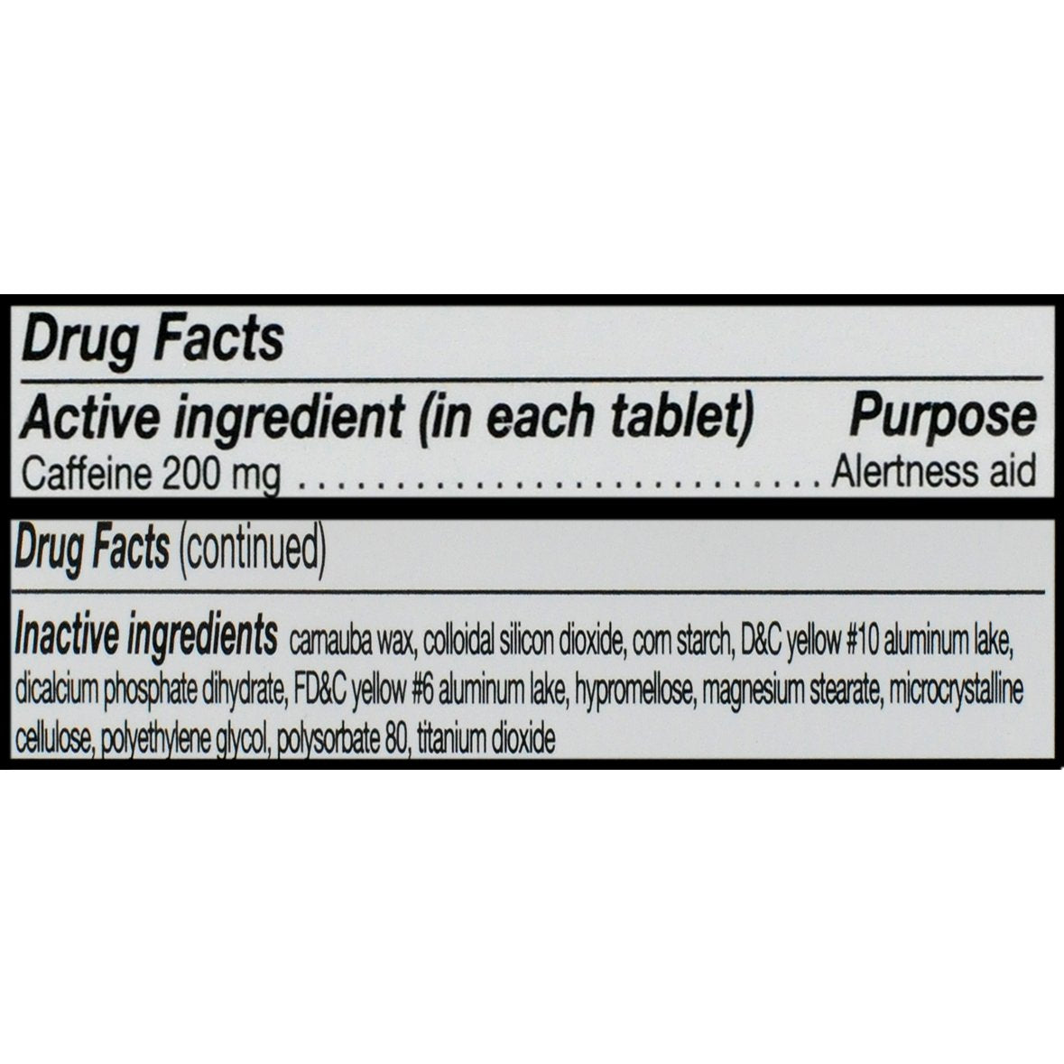 Etiqueta de Vivarin muestra cafeína de 200 mg para alerta.