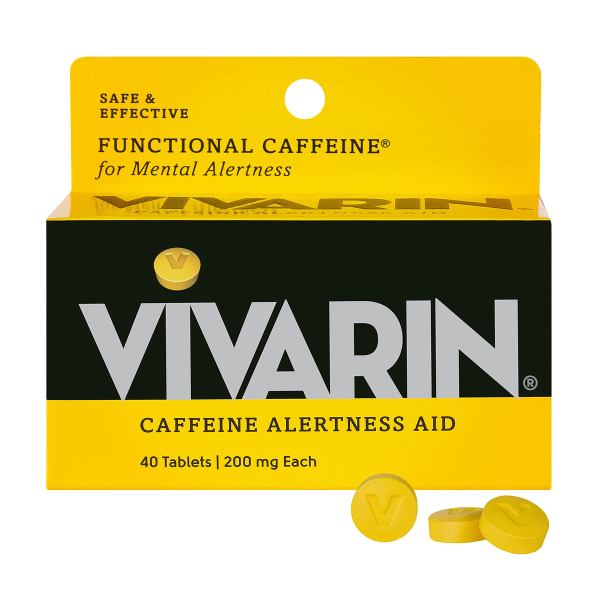 Frasco de Vivarin con tabletas de cafeína 200 mg para energía sostenida.