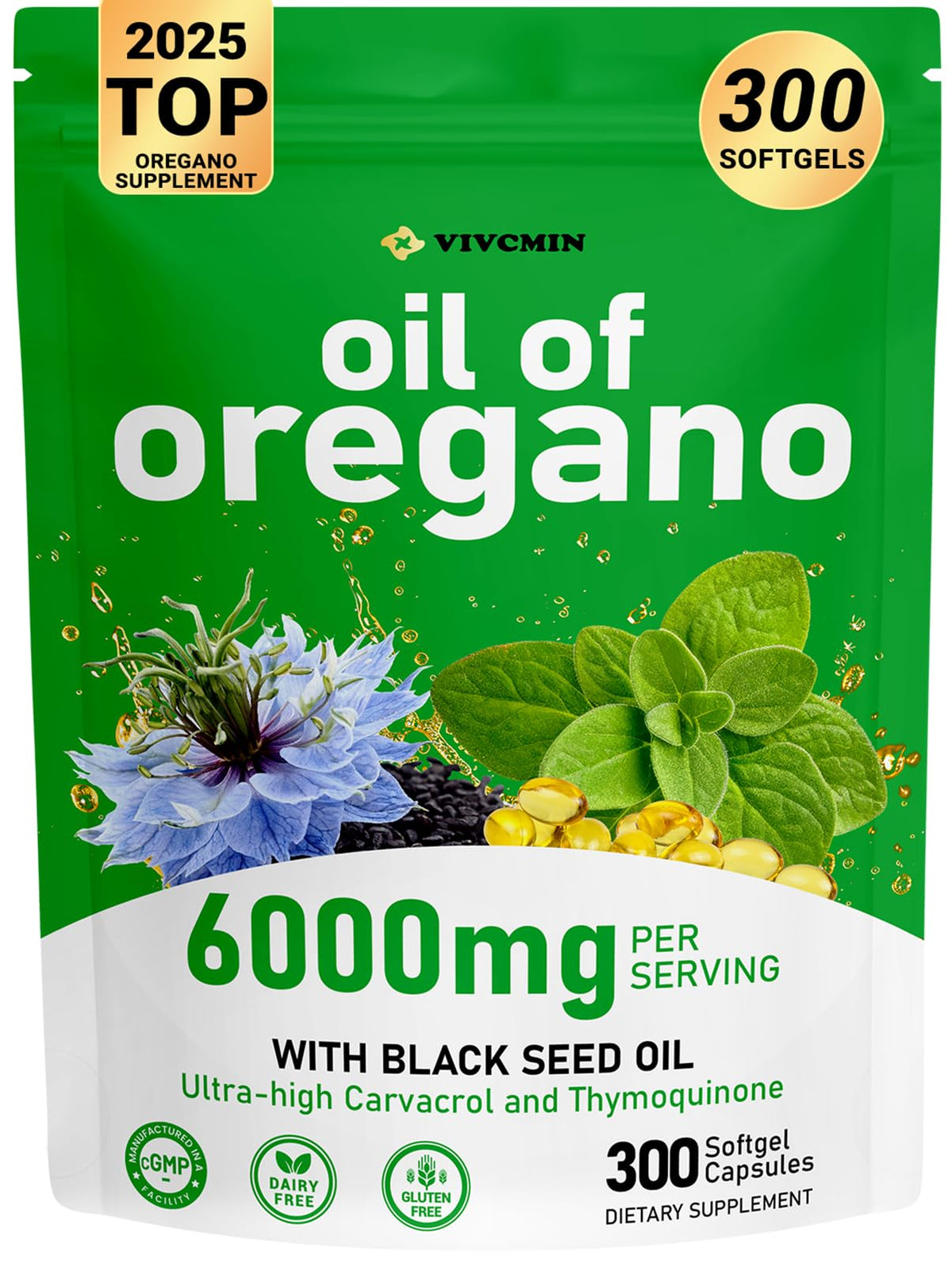 Vivcmin aceite de orégano en botella con cápsulas para uso diario.