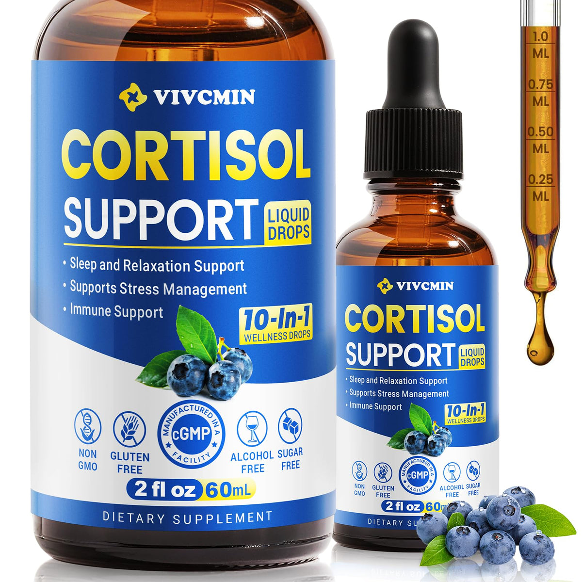 Vivcmin cortisol en frasco con gota, muestra dosis diaria conveniente