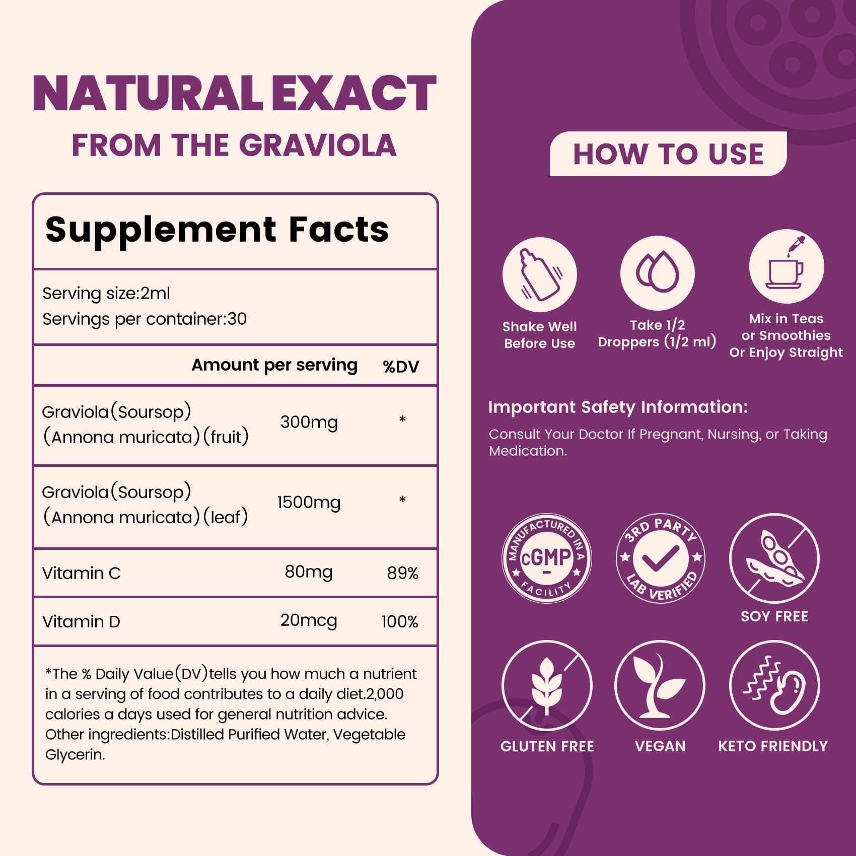 Vivcmin Graviola Drops: envase de vidrio que ayuda a conservar la calidad.