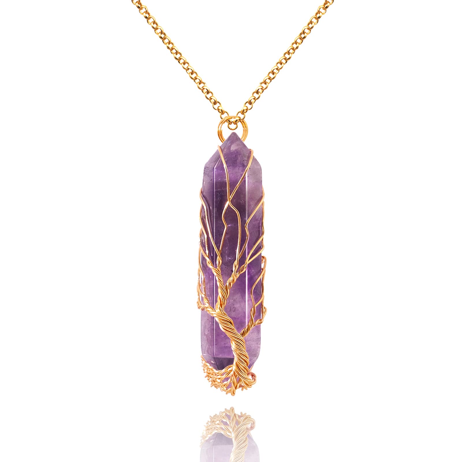 Colgante VIBILIA de amatista con punta y árbol de vida, ideal para meditación y serenidad.