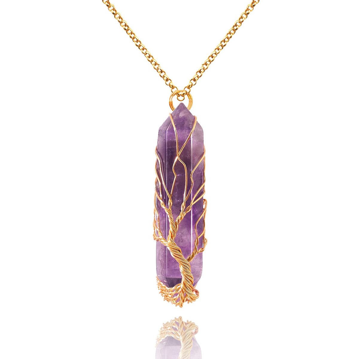 Colgante VIBILIA de amatista con punta y árbol de vida, ideal para meditación y serenidad.